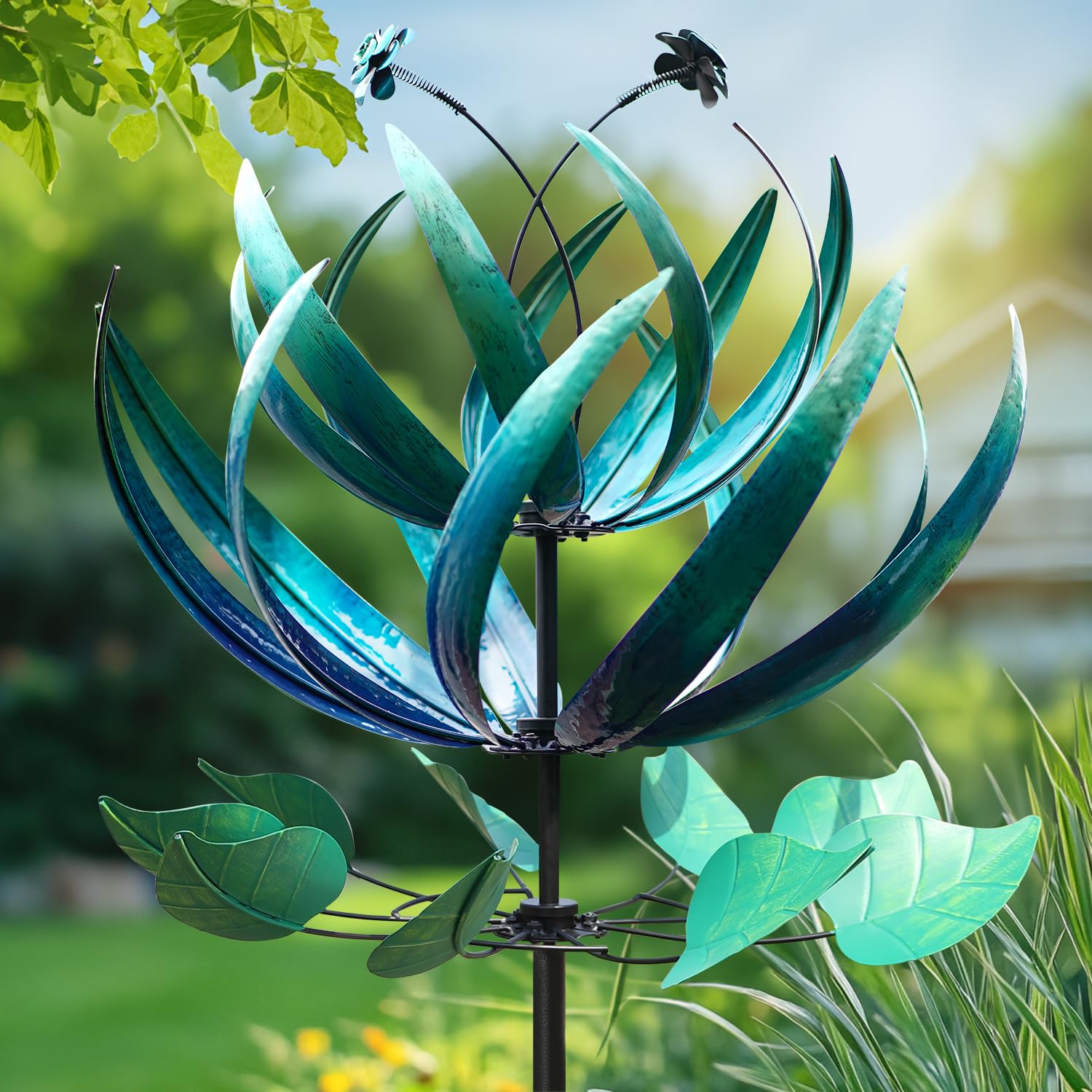LimeHill Large Metal Wind Spinner for Yard & Garden Decor - 24x84 Inch Blue Lotus Wind Spinner Outdoor Decorations | Perfect for Patio, Lawn, Backyard & Garden Decoration