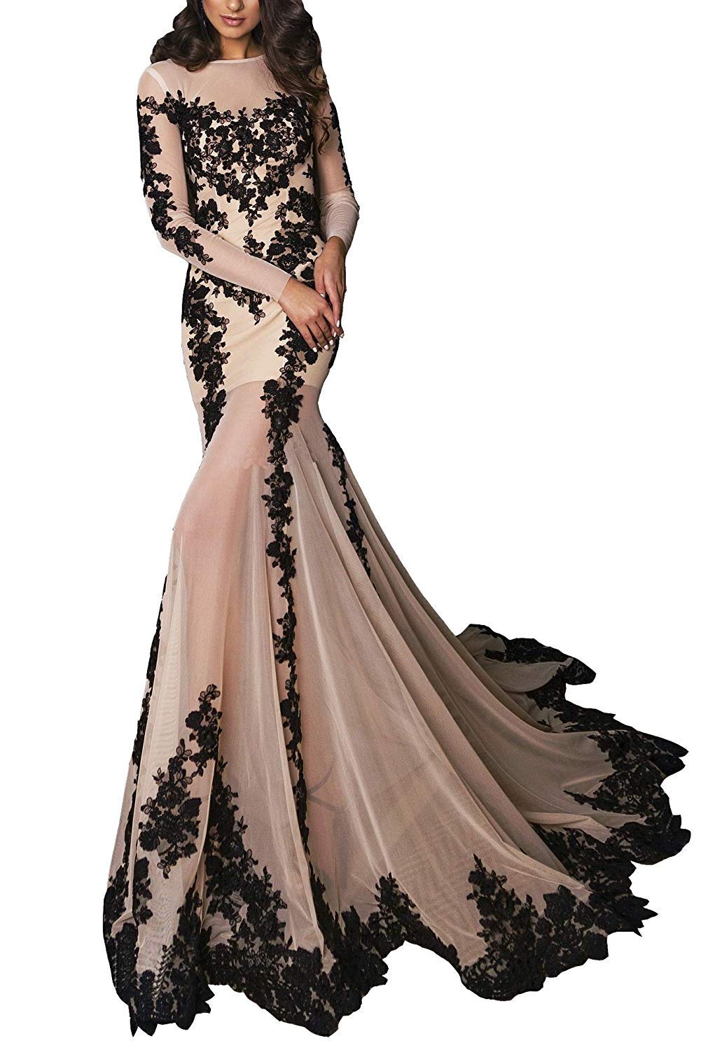 Honeydress Women's Long Sleeve Applique Mermaid Evening Gown with Train - Elegant Formal Prom Party Dress in Black for Weddings, Galas & Special Occasions
