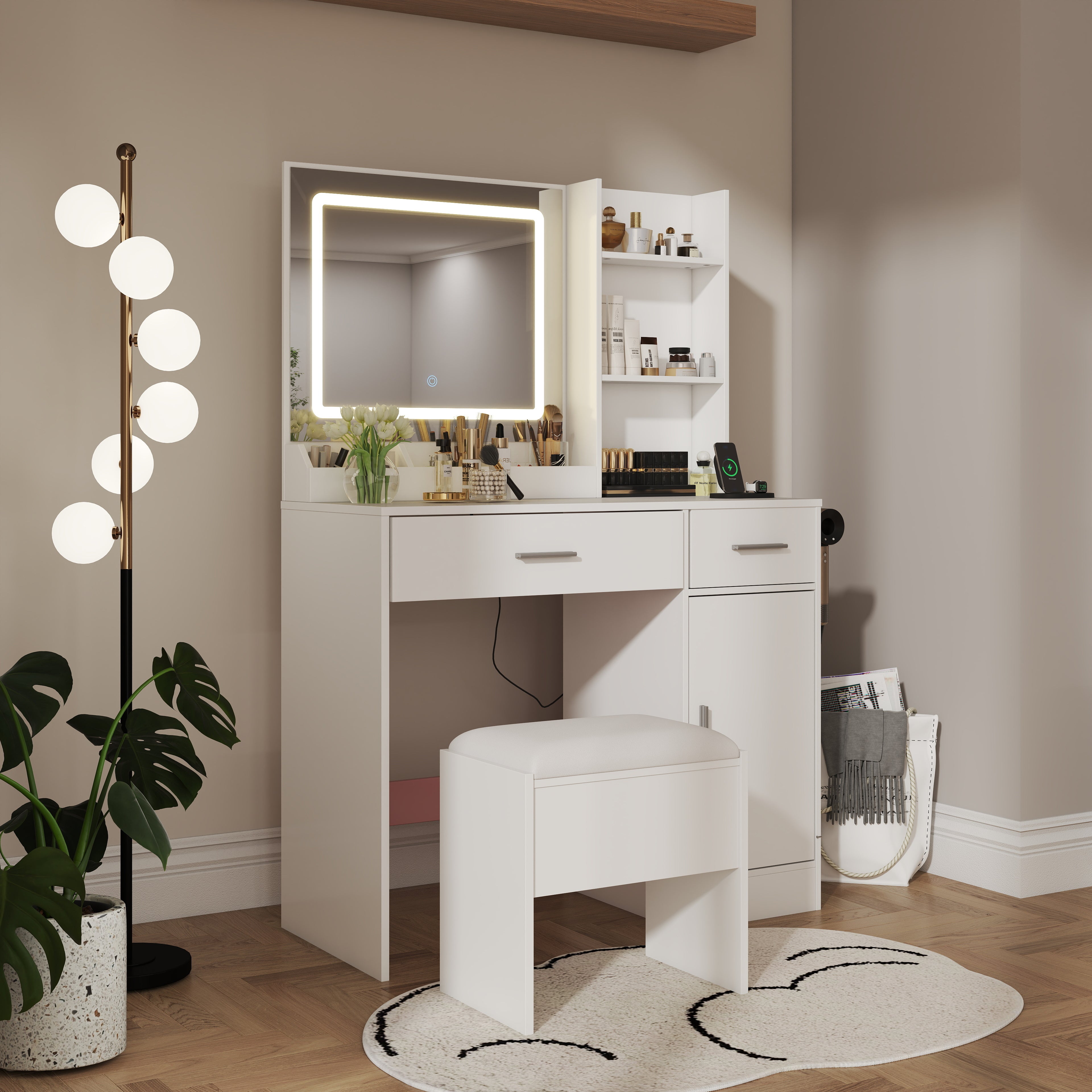Roundhill Furniture Lavin Makeup Vanity Set with LED Light Mirror & Charging Station - White Vanity Desk & Stool for Bedroom, Dressing Room & Beauty Salon | Modern Makeup Table with Storage & USB Ports