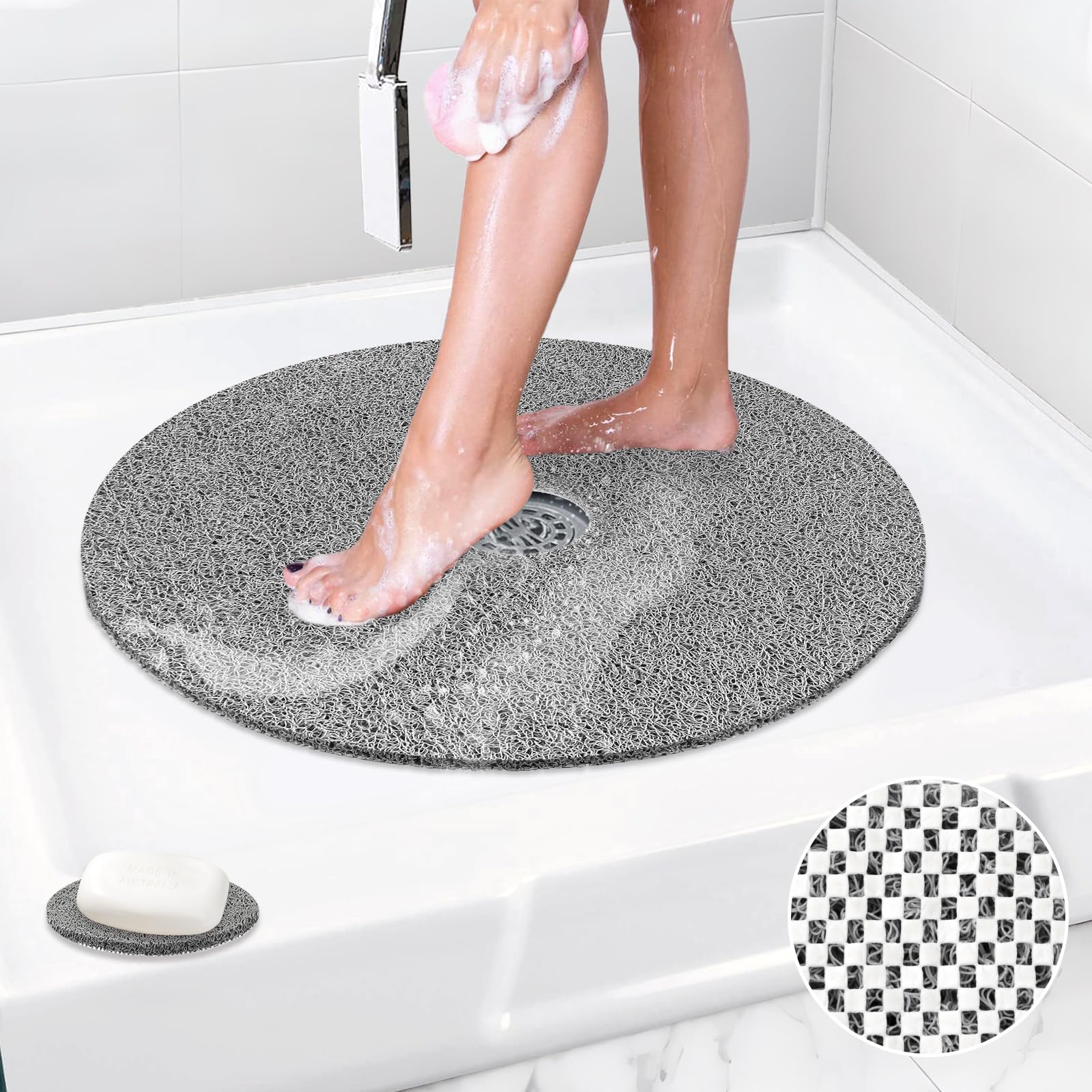 Non-Slip Extra Large Shower Mat - 31 Inch Round Bath Mat with Drain Hole | Soft Loofah Texture for Superior Drainage | Perfect for Shower Stall, Bathtub & Bathroom Floor Safety