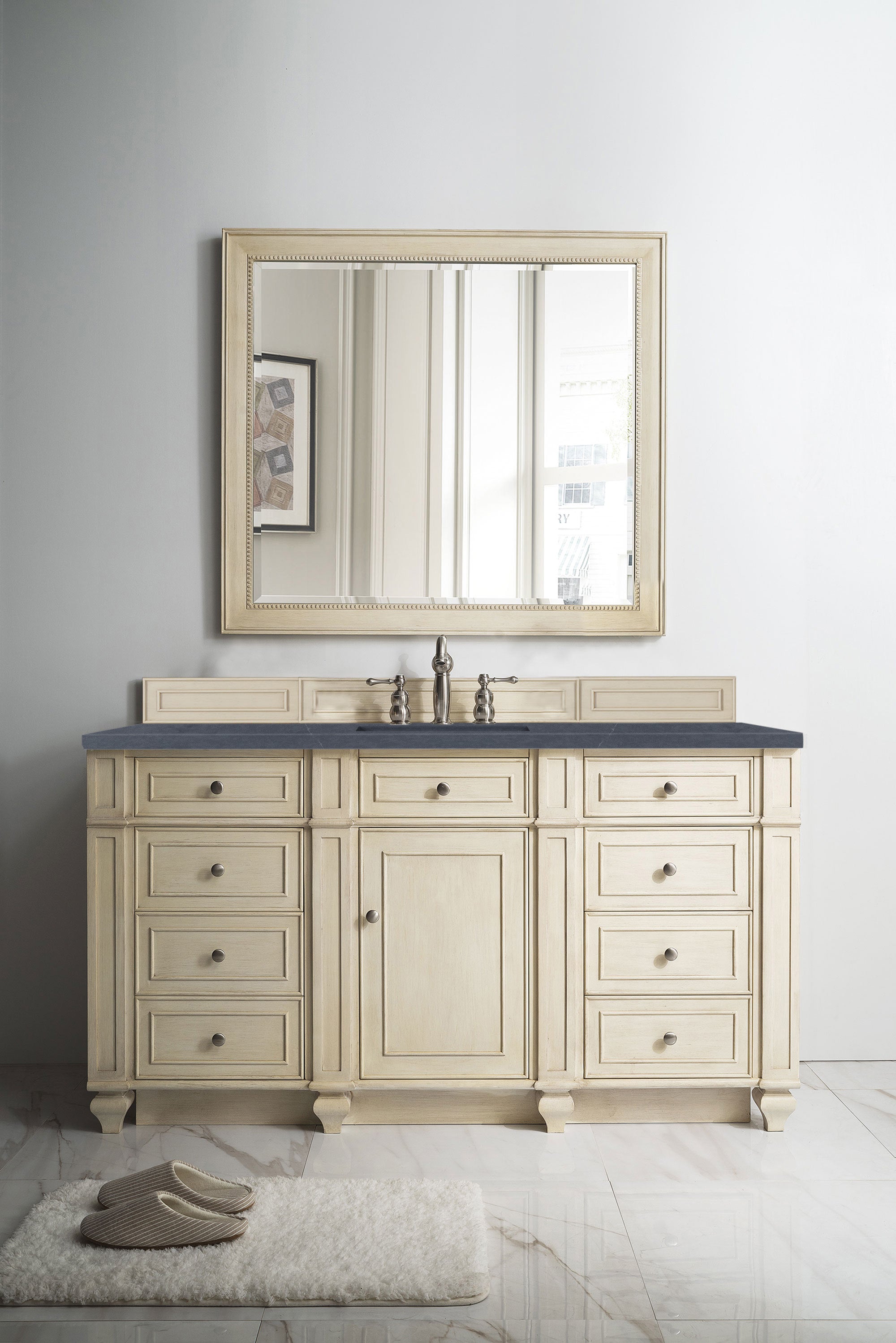 Bristol 60 Inch Single Bathroom Vanity in Vintage Vanilla with 3CM Charcoal Soapstone Quartz Top - Perfect for Modern Farmhouse & Coastal Bathroom Designs