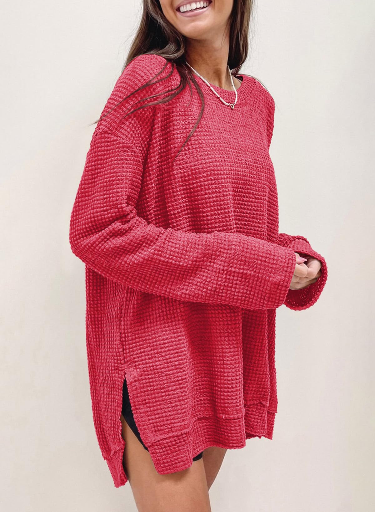 Women's Oversized Long Sleeve Crewneck Sweatshirt - Waffle Knit Casual Top for Spring 2025 | SHEWIN | Perfect for Layering, Weekend Outfits & Cozy Loungewear