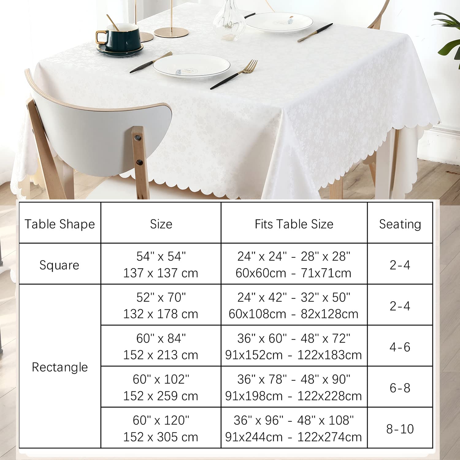 Smiry Square Waterproof Vinyl Tablecloth - Heavy Duty, Wipeable, Washable White Table Cover for Kitchen, Dining Room, Outdoor Picnics, and Party Events (54