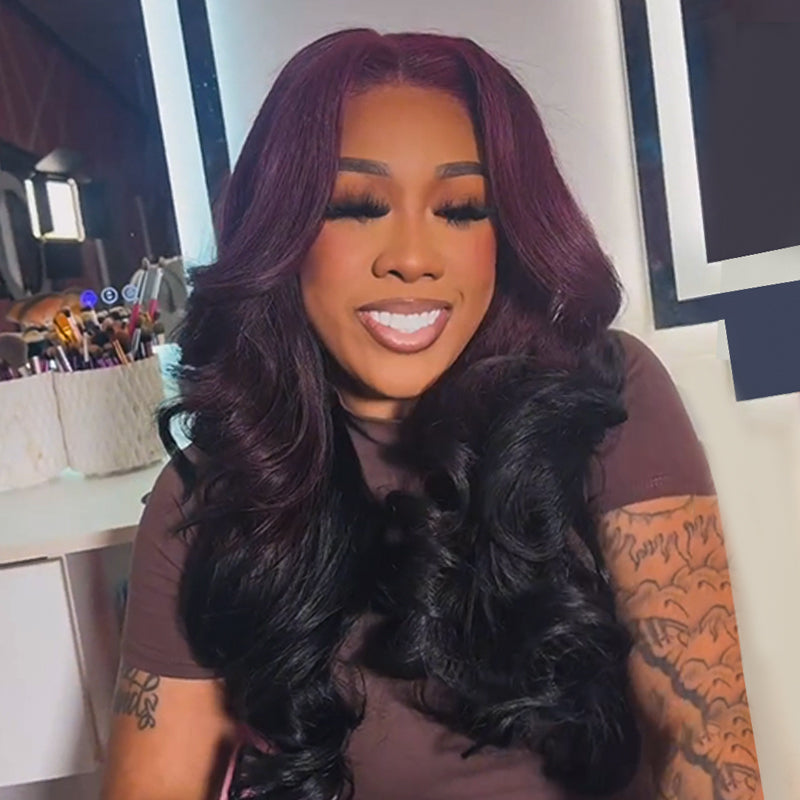 Eullair Ombre Dark Burgundy Black Body Wave Human Hair Lace Frontal Wig - Pre-Colored Glueless Lace Wigs with Pre-Plucked Hairline for Women | Perfect for Daily Wear, Parties & Special Occasions