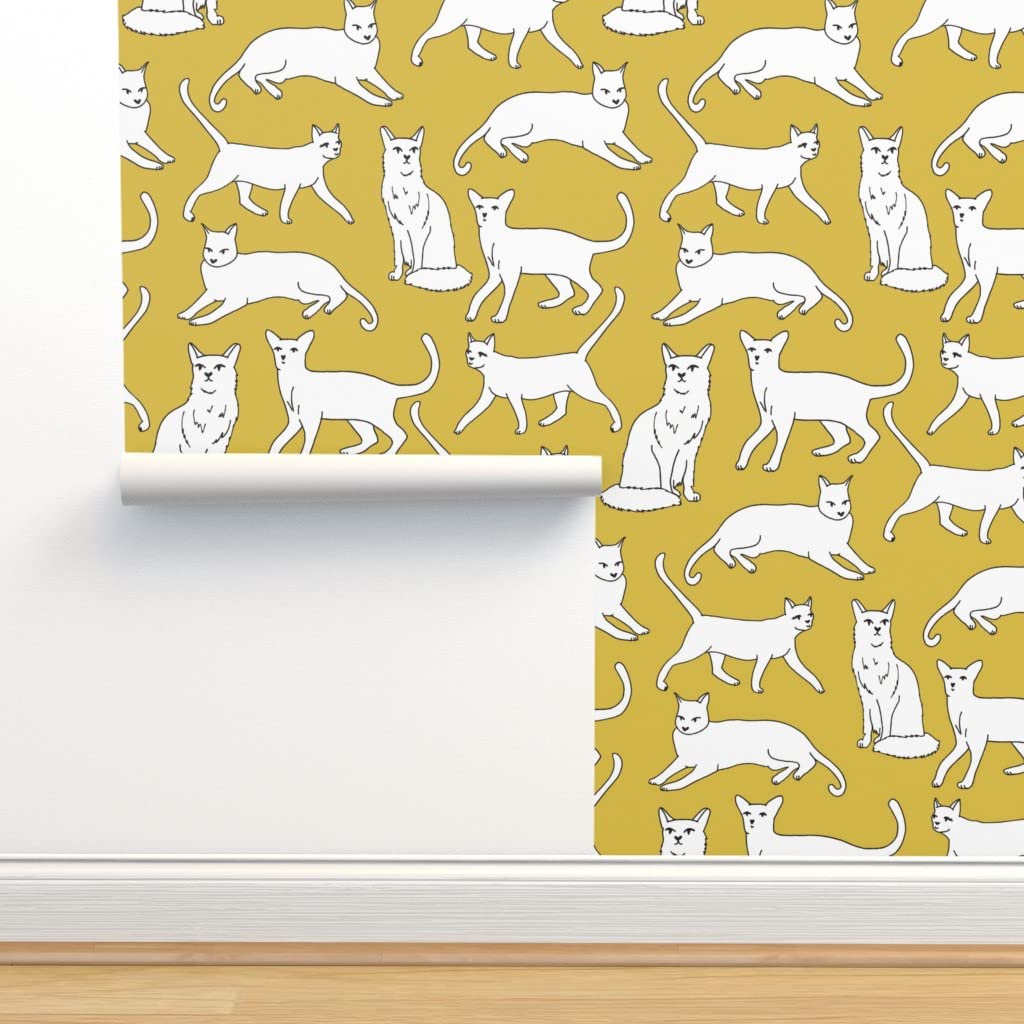 12ft x 2ft Removable Cat Pattern Wallpaper - Mustard Yellow Cute Kitten Design | Pre-Pasted Peel & Stick Wall Covering by Spoonflower | Perfect for Nursery, Bedroom Decor & Rental Home Makeovers