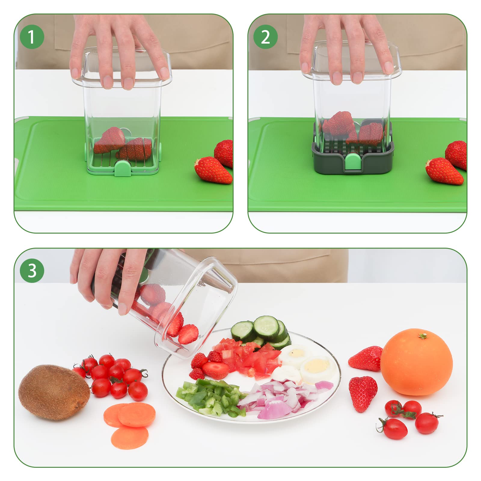 Strawberry Slicer & Fruit Cutter with Container - 2 Stainless Steel Blades, Detachable Push Plate - Soft Food Chopper for Berries, Kiwi, Peaches - Perfect for Smoothies, Baking & Fruit Salads