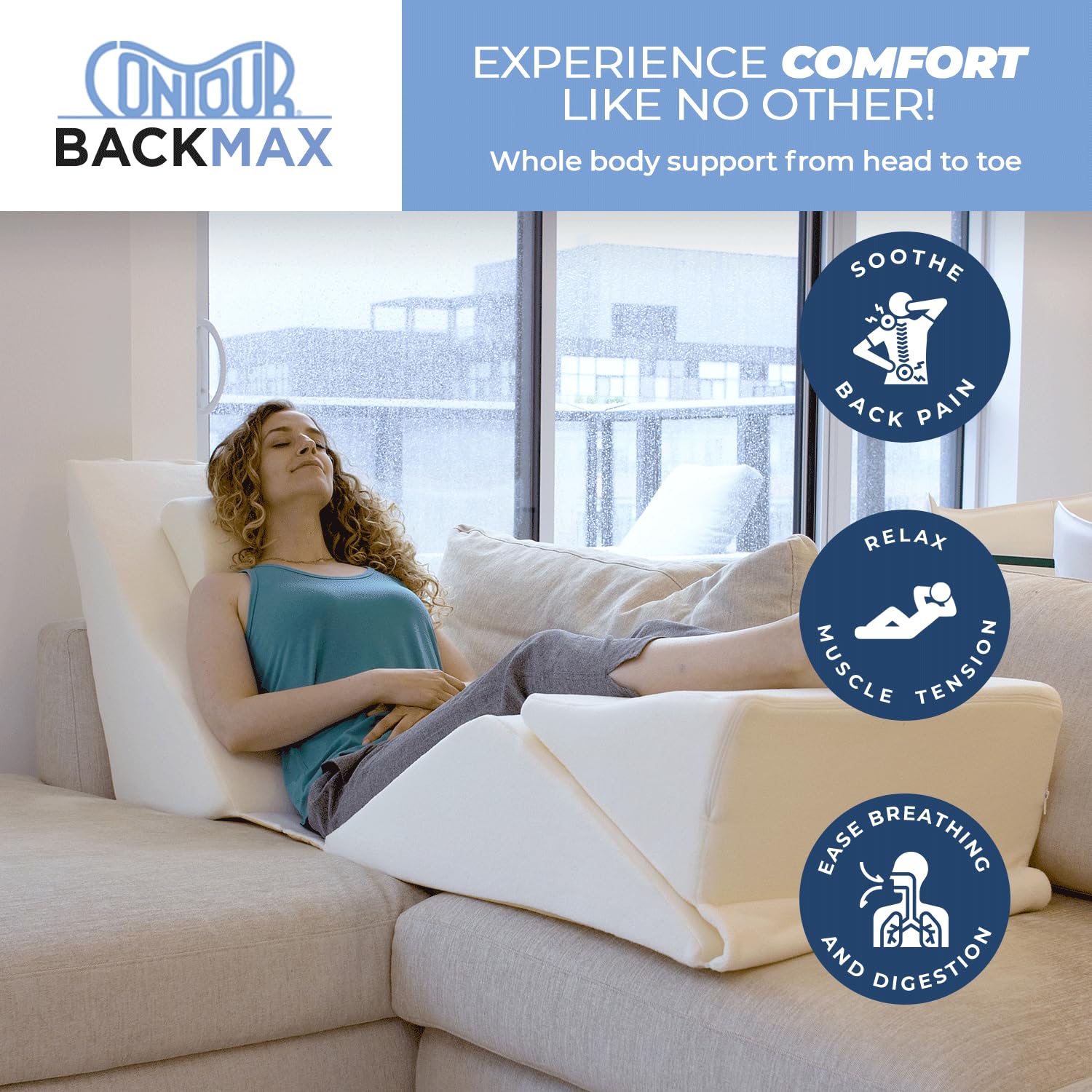 Contour BackMax Bed Wedge Lumbar Support Pillow System - Orthopedic Zero Gravity Multi-Positional Back, Leg & Knee Elevation for Sleep, Recovery & Pain Relief - Includes Bonus Half Roll Neck Pillow - Perfect for Back Pain Sufferers, Post-Surgery Recovery & Comfortable Sleeping Positions