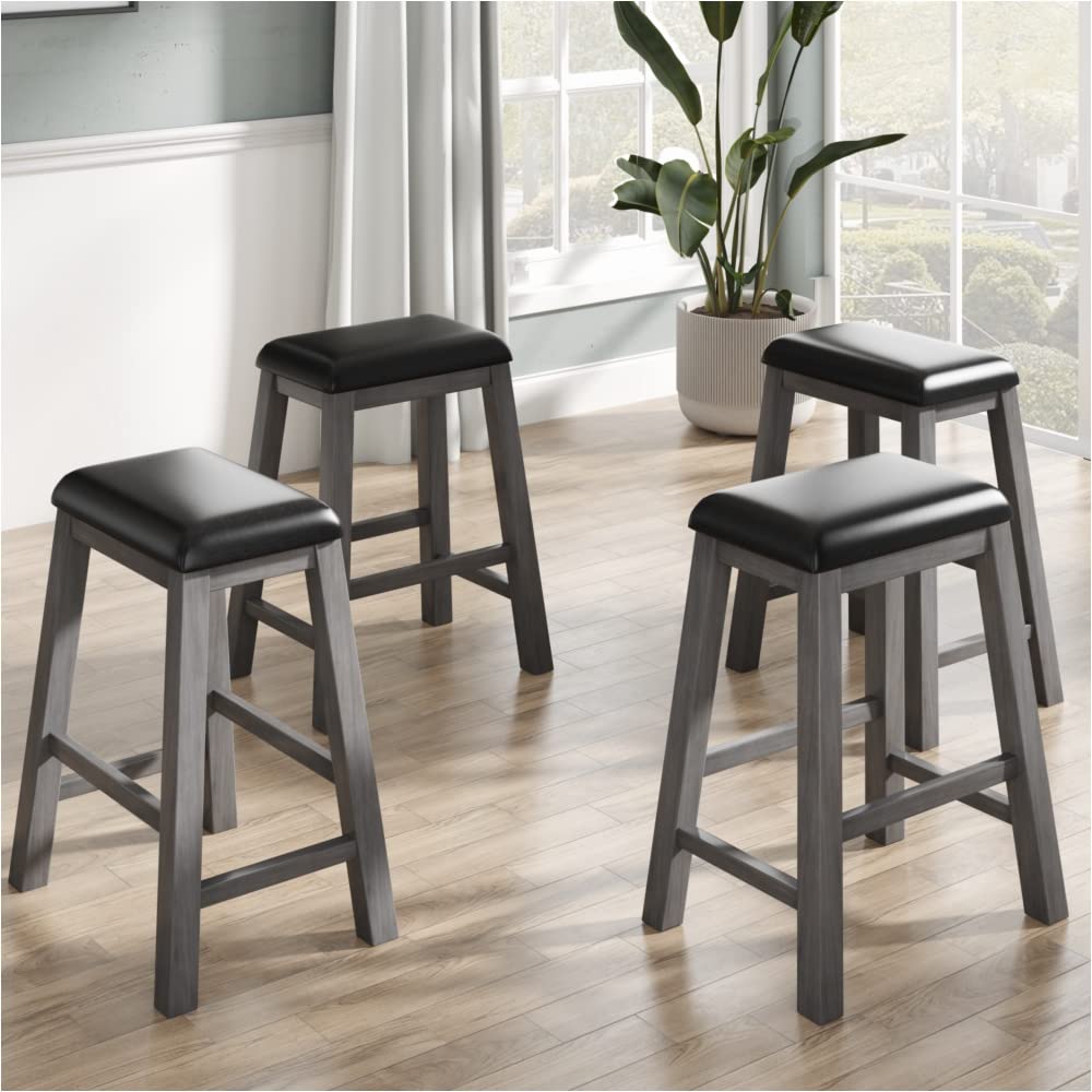 4-Piece Gray Upholstered Counter Height Wooden Bar Stools Set - Modern Kitchen & Dining Room Stools for Breakfast Nook, Bar Counter, or Island Seating