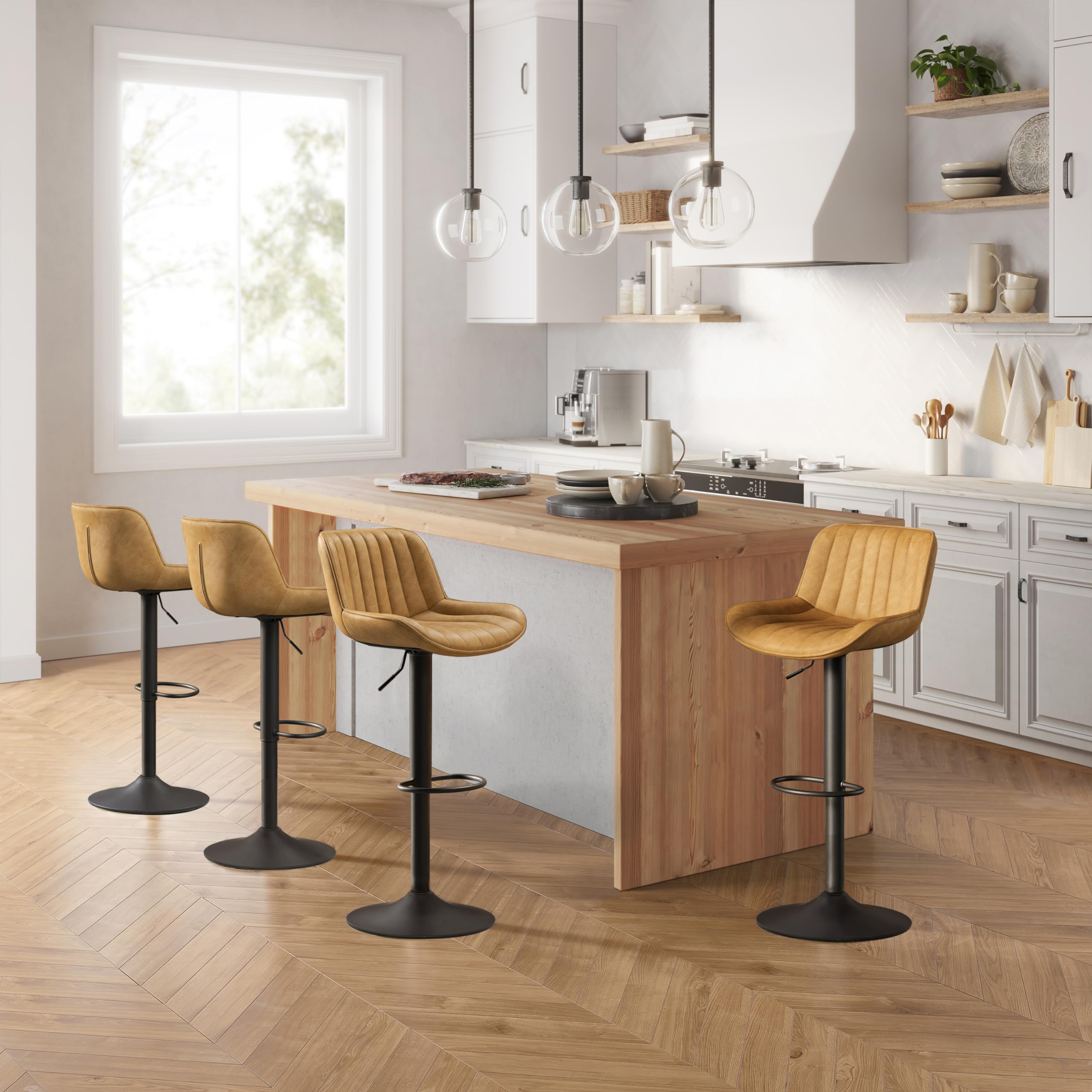 Zouron Mid Century Modern Swivel Bar Stools - Adjustable Height Kitchen Counter Stools with Back Support, Vintage PU Leather Barstools for Kitchen Island (Black Base, Set of 4, Yellow) - Perfect for Dining Rooms, Home Bars & Breakfast Nooks