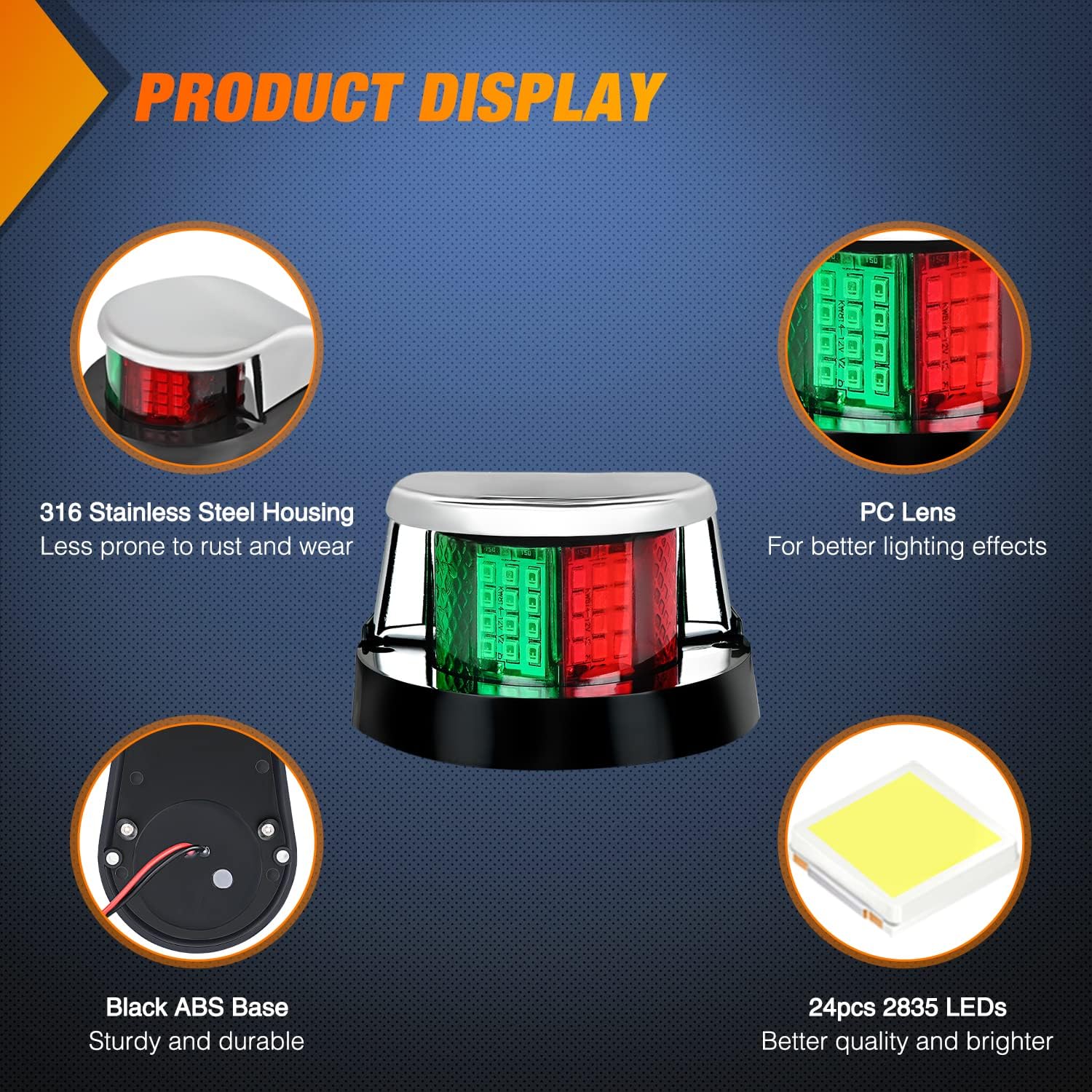 24 LED Red and Green Marine Navigation Lights - Waterproof Boat Port and Starboard Signal Lights for Safe Night Sailing, Fishing, and Yachting