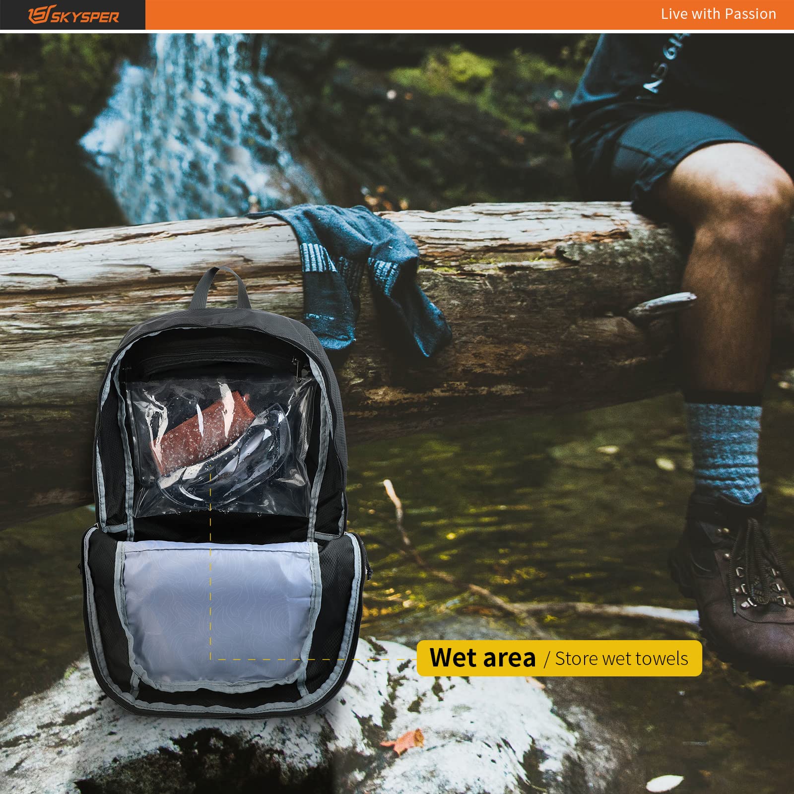SKYSPER 30L Lightweight Packable Hiking Backpack - Waterproof Wet Pocket Foldable Daypack for Travel, Camping & Outdoor Activities - Perfect Carry-on Backpack for Women & Men