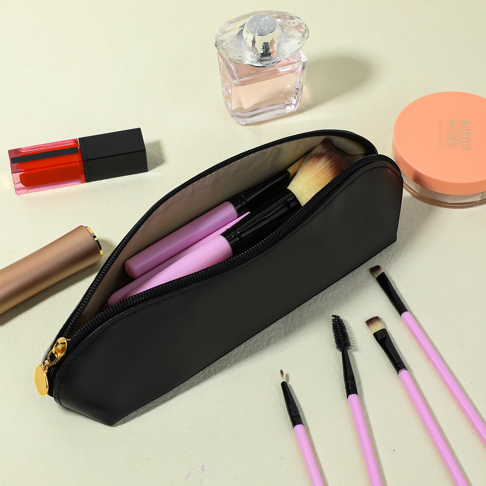 Portable Travel Makeup Brush Holder - Zippered Cosmetic Bag for Outdoor & Travel (Black)