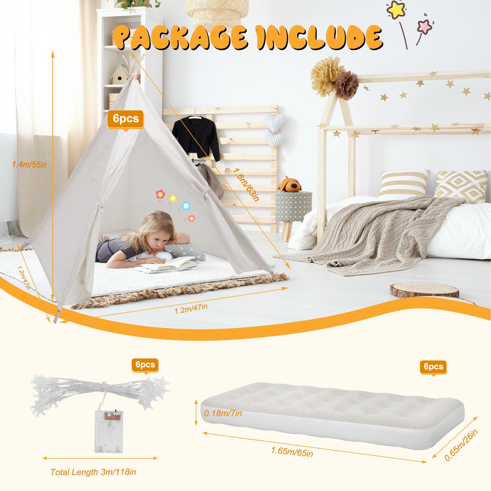 6 Pack Kids Teepee Tent with Thickened Fabric, LED Light String & Inflatable Air Mattress - Indoor Outdoor Play Tent for Girls Boys Sleepovers, Birthday Parties & Camping Adventures (White)