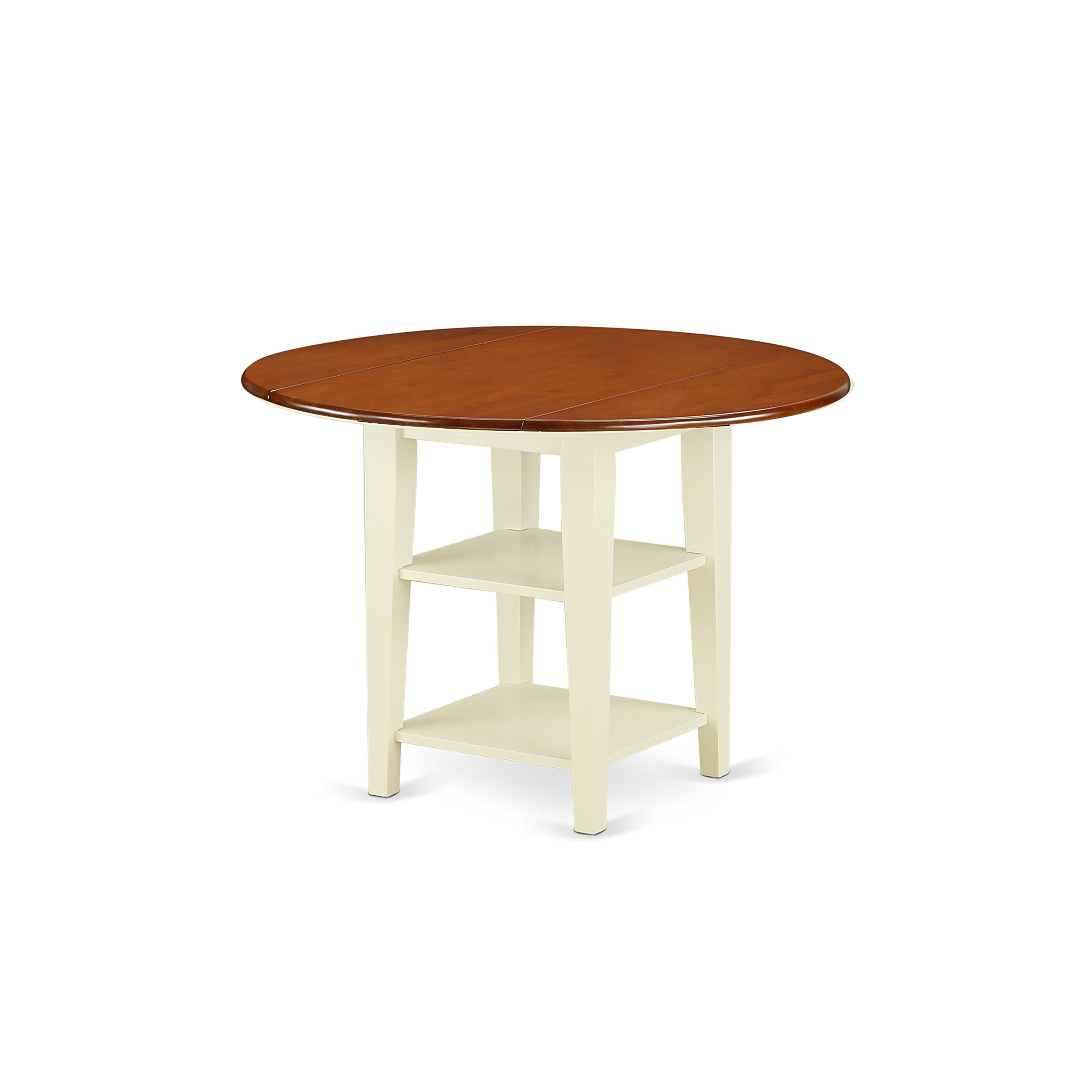 Modern 3-Piece Dining Table Set with Round Wooden Table, Drop Leaf & Shelves + 2 Chairs - 42x42 Inch, Buttermilk & Cherry - Perfect for Small Spaces, Breakfast Nooks & Cozy Apartments