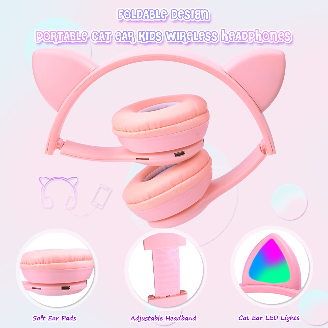 Wireless Cat Ear Headphones for Kids with LED Lights - Pink Foldable Over-Ear Headset with 3.5mm Jack & TF Card Support (3-in-1) - Perfect for School, iPad, Tablet, Travel & Home Use