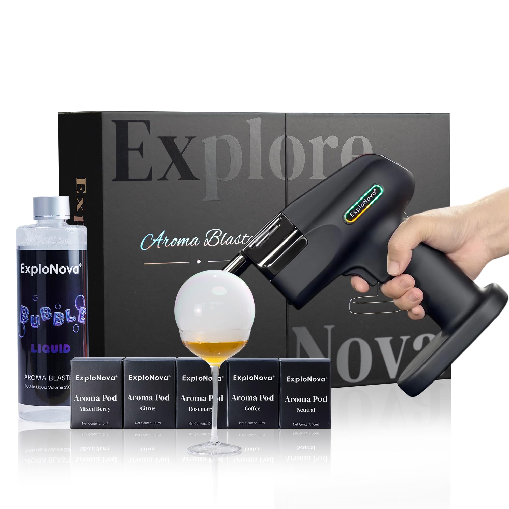 Electric Cocktail Bubble Smoke Gun with 5 Flavor Aroma Pods & Edible Bubbles - Aroma Blaster 2 for Food & Drink Decoration | Perfect for Home Bars, Cocktail Parties, Easter Gifts & Special Occasions | Create Stunning Smoke Effects for Mixology & Entertaining