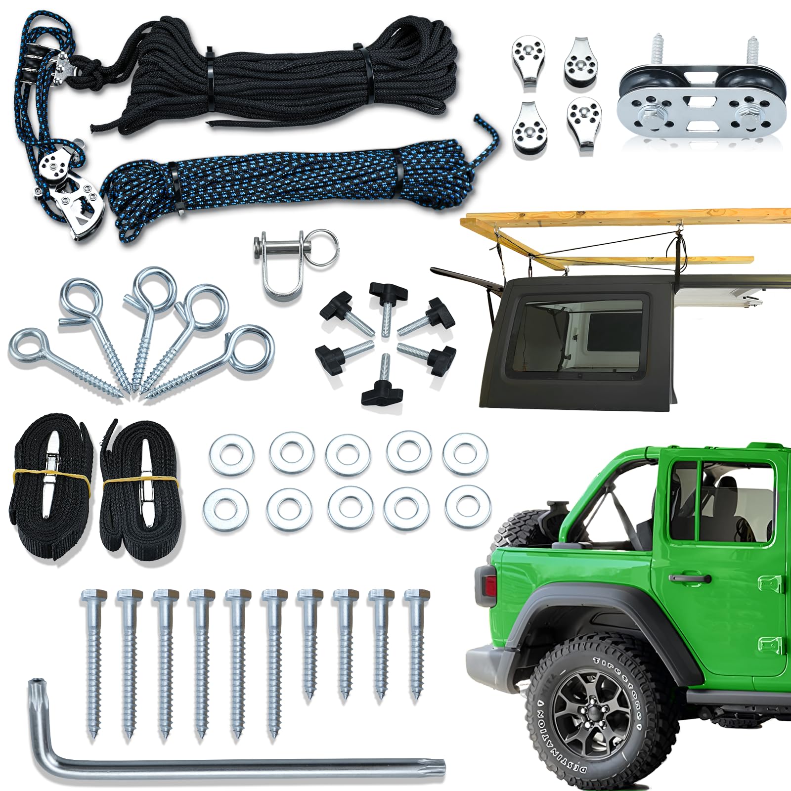 Jeep Wrangler Hard Top Removal Lift - Single Person Roof Hoist for JL & JK Models | Ford Compatible | Anti-Drop Safety System | 8-16 ft Ceiling Support | Includes 6 T Knobs | Perfect for Garage Storage & Off-Road Enthusiasts