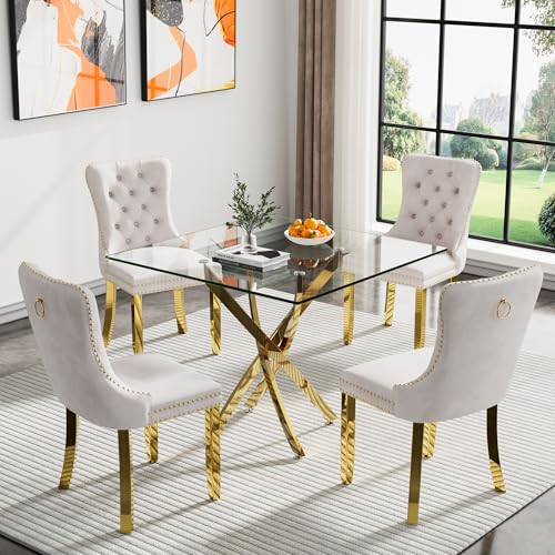Gold Square Table With 4 Beige Chairs