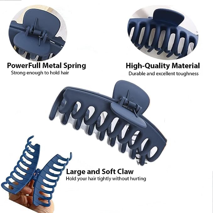 SUKAINA TRENDS Large Hair Claw Clips for Women & Girls - Matte Non-Slip Strong Hold Barrettes for Thick, Thin & Normal Hair (Black, Blue) | Perfect for Work, Gym, Travel & Everyday Styling