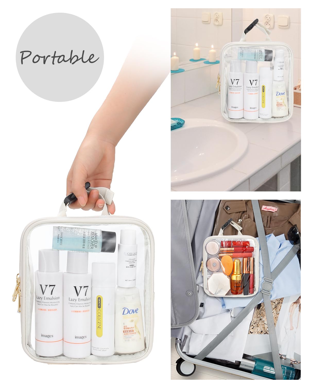 TSA Approved Clear Toiletry Bag Set - 2 Pack Quart Size 3-1-1 Compliant Travel Makeup Organizer | Waterproof PU Travel Cosmetic Bags for Airplane Carry-On (Off White) - Perfect for Airport Security & Weekend Getaways
