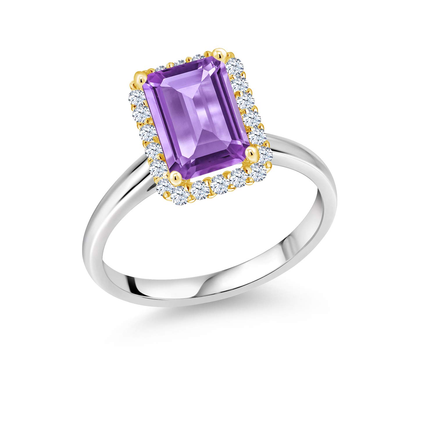 1.76 Ct Natural Purple Amethyst & White Sapphire 925 Sterling Silver Ring with 10K Yellow Gold Prongs Halo Design - Elegant Jewelry for Women, Perfect for Weddings, Anniversaries & Special Occasions