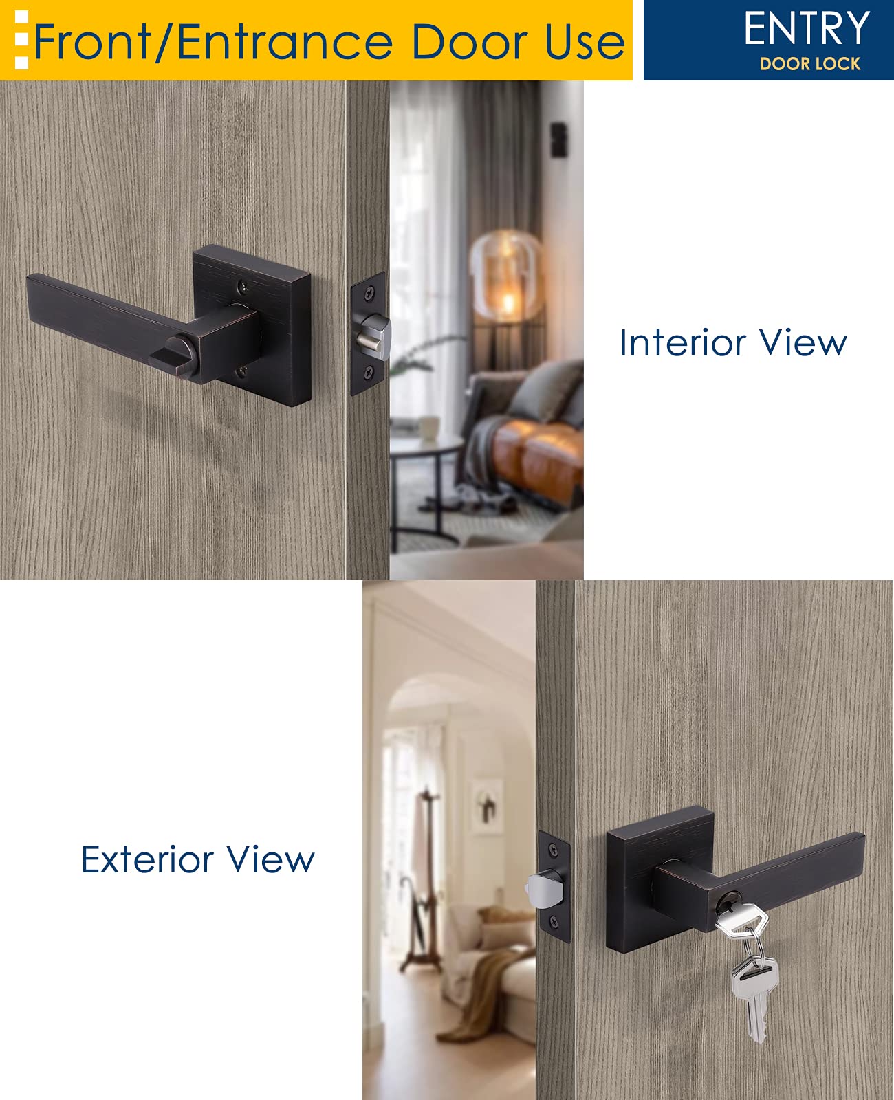 5 Pack Keyed Alike Entry Door Lever Set - Reversible Door Handle with Lock & Matching Keys - Oil Rubbed Bronze Square Interior/Exterior Lockset for Bedroom, Bathroom & Front Door - Perfect for Home Security & Easy Access Control