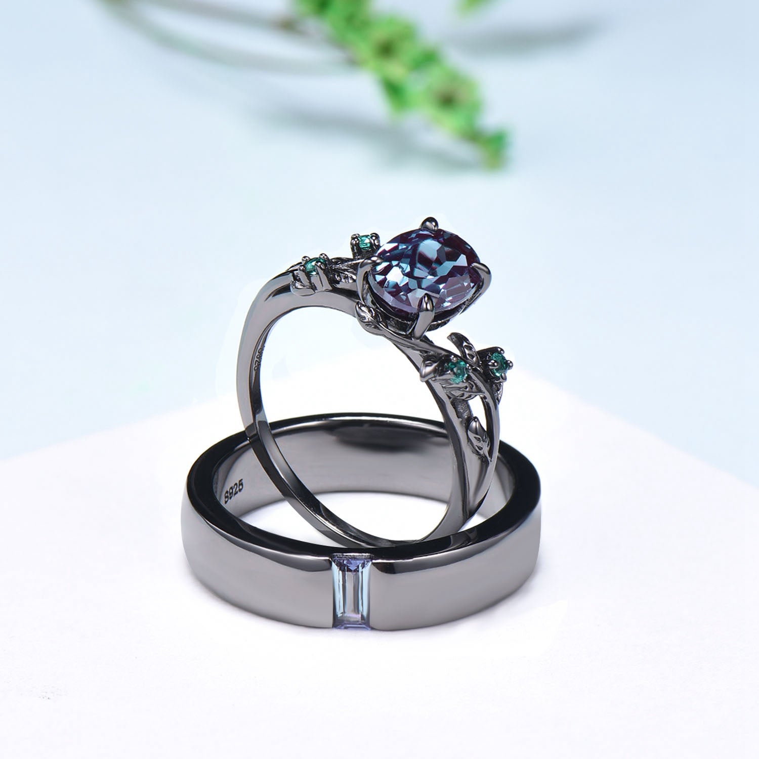14K Black Gold Alexandrite Couples Ring Set - His & Hers Wedding Bands, Twig Design Engagement Rings for Men & Women - Nature Inspired Promise Gift for Anniversaries, Proposals & Romantic Occasions