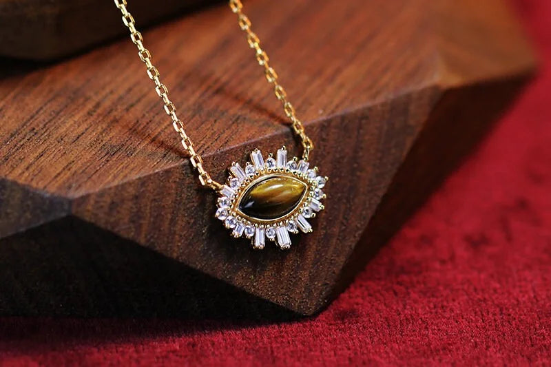 925 Silver 14K Gold Plated Natural Tiger Eye Crystal Ring & Necklace Set - Elegant Jewelry for Women | Perfect for Gifts, Parties & Special Occasions