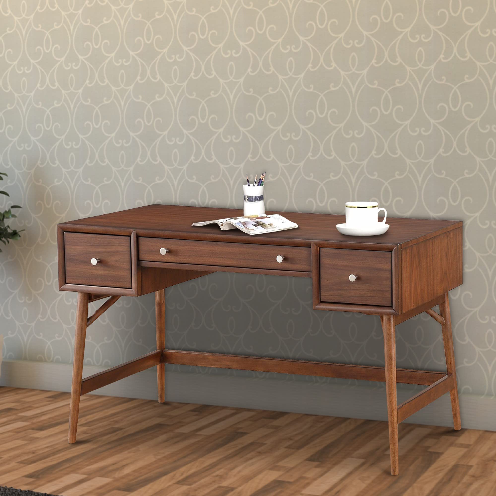 Benjara 3 Drawer Wooden Writing Desk with Splayed Legs - Brown Study Desk for Home Office, Small Space & Dorm Room | Compact Computer Desk with Storage