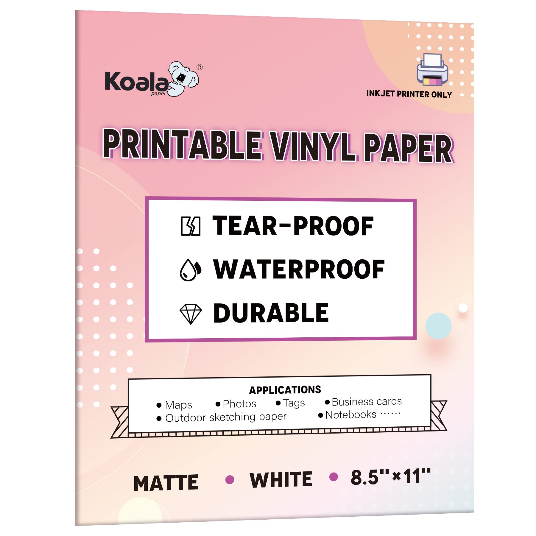 KOALA PAPER Printable Waterproof Inkjet Printer Paper - 8.5x11 Inches, 30 Sheets Matte White Vinyl Paper - Tear-Resistant, Durable & Quick Drying - Ideal for Outdoor Signs, Maps, Labels & Waterproof Documents - Perfect for Camping, Hiking, Marine Use, Boat Trips, Rainy Day Projects & DIY Crafts - Great for Home, Office, School Projects, Event Signage and Water-Resistant Art Prints