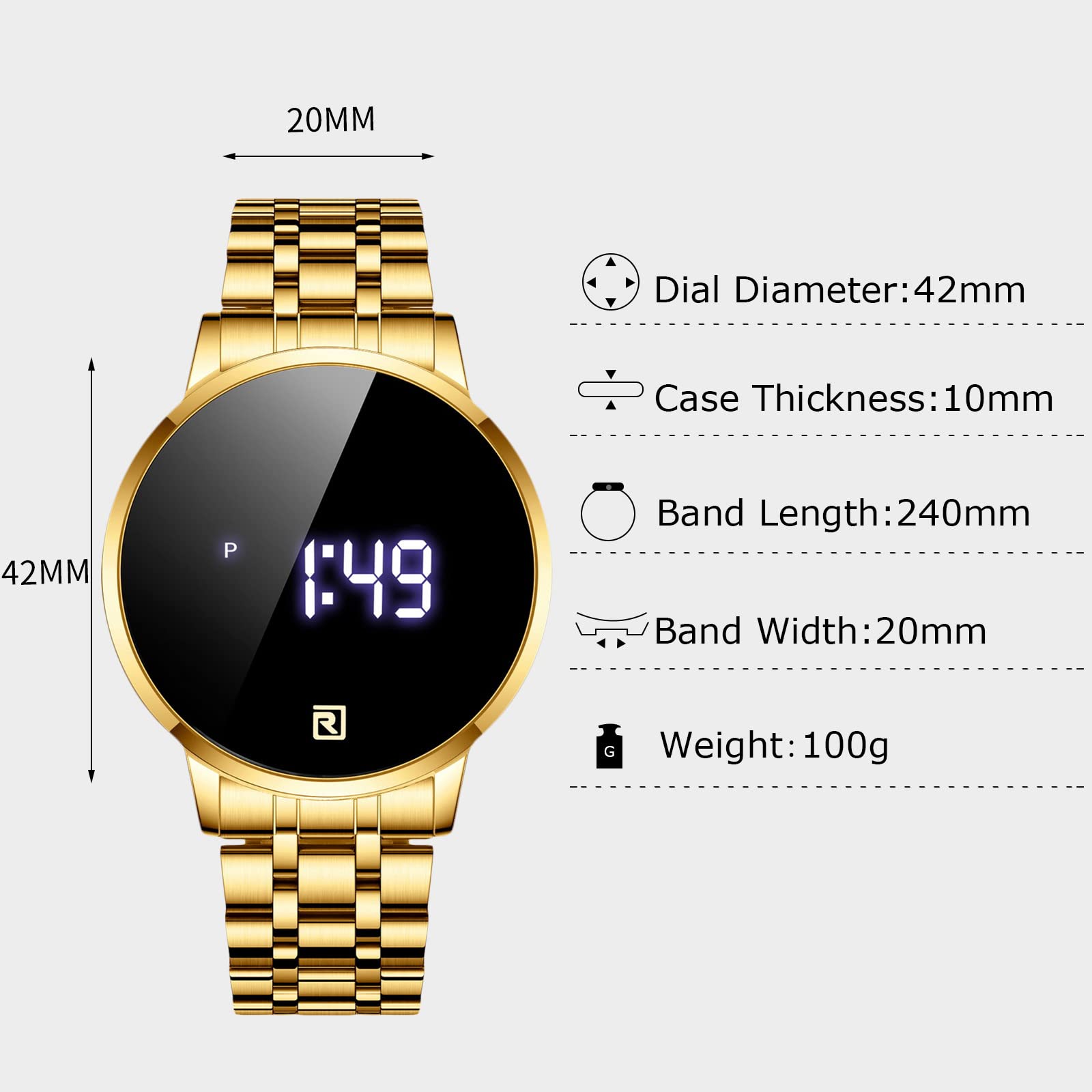 RORIOS Men's Digital Sports Watch - Touch Screen, Stainless Steel Strap for Running & Fitness