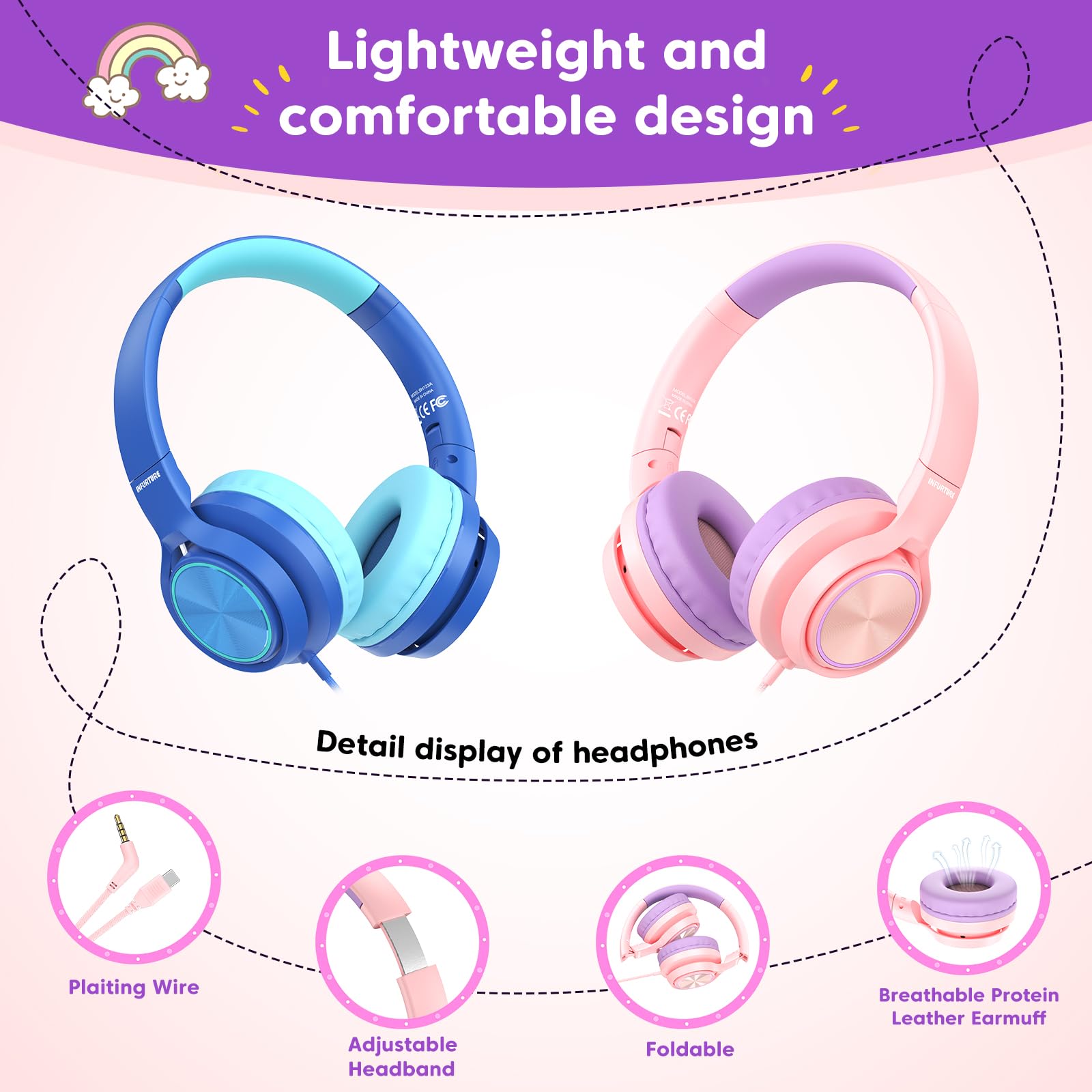 INFURTURE CH5 Kids Headphones with Mic - 94dB Volume Limit, USB-C & 3.5mm Wired On-Ear Headphones for Boys & Girls - Compatible with iPhone, Android, iPad, PC, Kindle - Perfect for School, Travel, Online Classes (Pink)