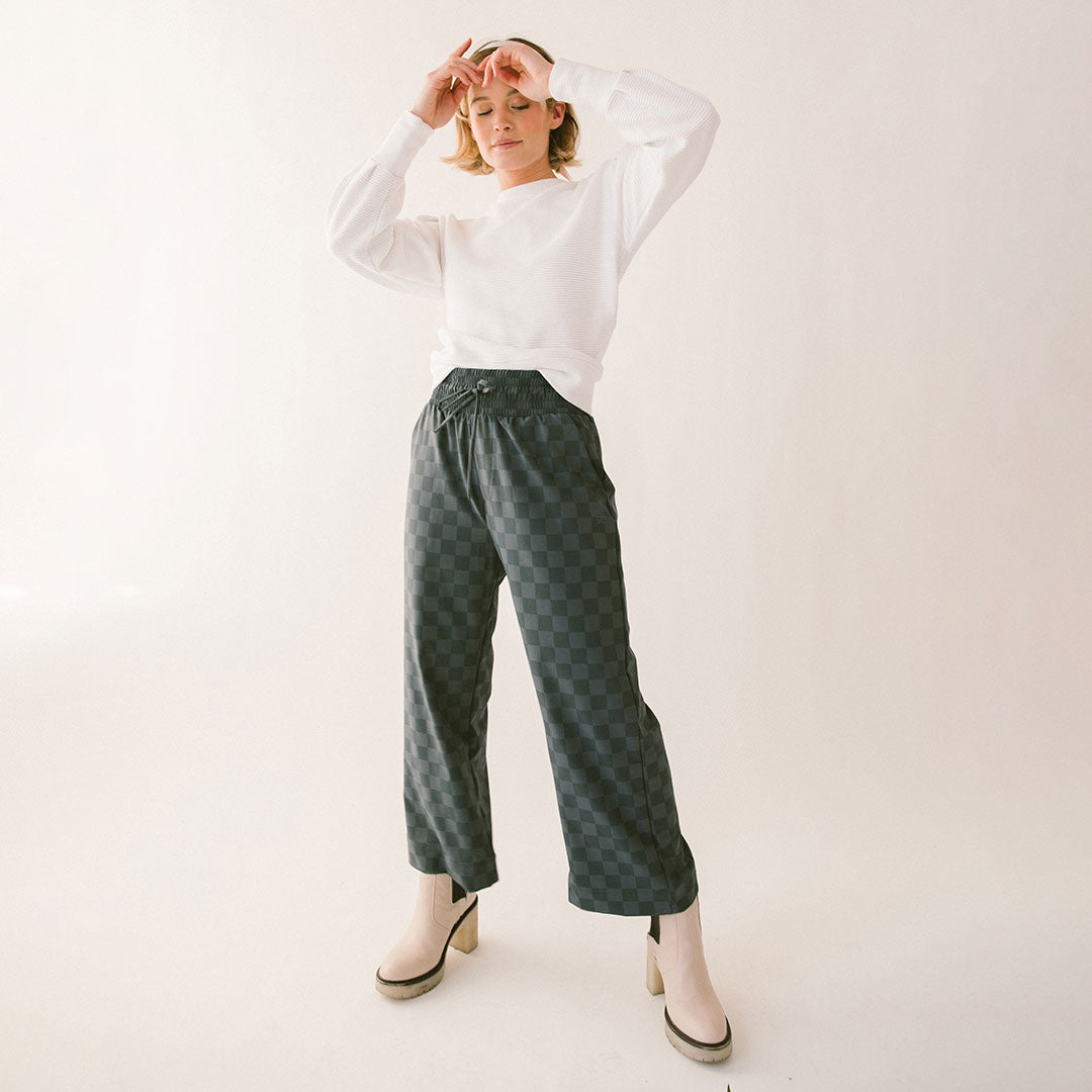 Audrey Wide Leg Pants for Women - Stylish Slate Checkered High Waist Trousers | Office Wear, Casual Outfits & Business Travel Essentials