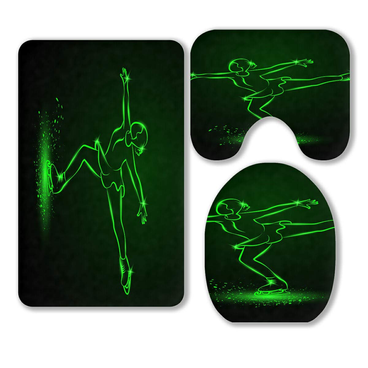ABPHQTO Figure Skating Neon Girl Dancing on Ice 3-Piece Bathroom Rug Set - Non-Slip Bath Mat, Contour Mat & Toilet Lid Cover for Kids & Teens Bedroom Decor - Perfect for Winter Themed Bathrooms & Ice Skating Lovers