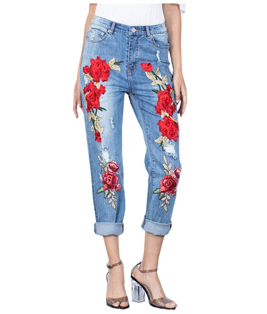 Ladyful Women's Floral Embroidered Jeans - Distressed Ripped Cropped Straight Leg Denim Pants with Flower Embellishments | Perfect for Casual Outings, Date Nights & Spring Fashion