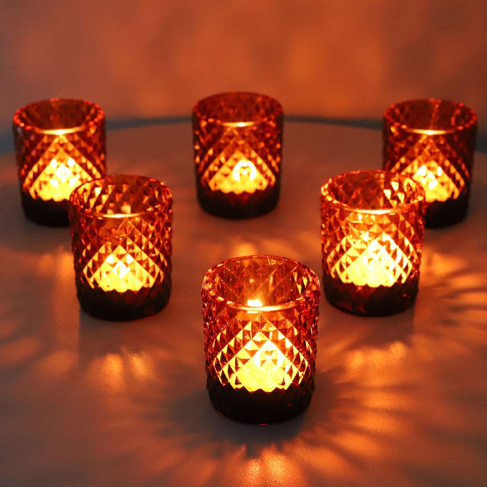 Woho 12-Piece Amber Glass Votive Candle Holders Set - Vintage Tealight Candle Holders for Boho Wedding Centerpieces, Thanksgiving & Halloween Decor - Perfect for Table Settings, Romantic Dinners, and Holiday Home Decor