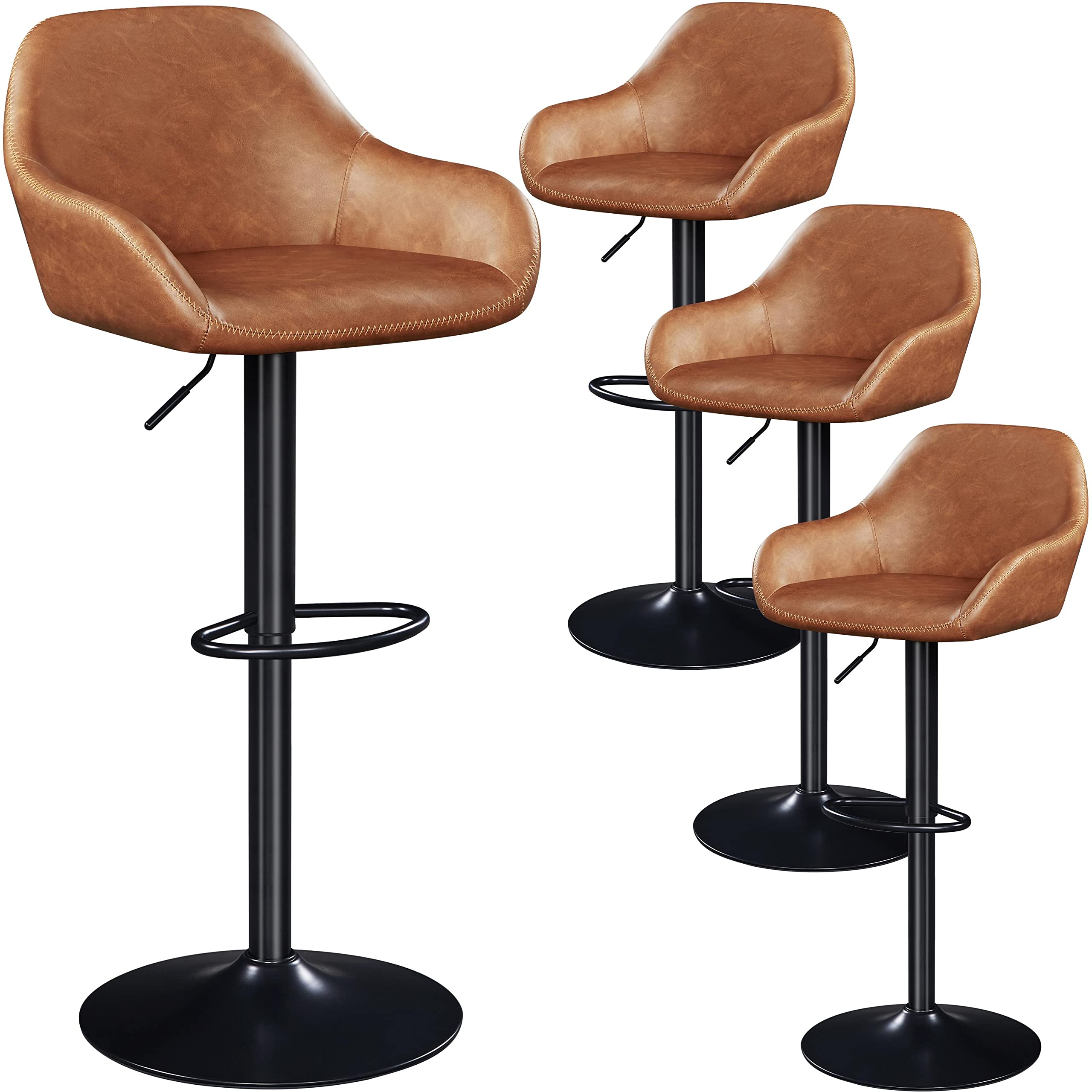 Yaheetech 4-Piece PU Leather Swivel Bar Stools Set - Adjustable Counter Height Barstools with Backrest & Footrest - Retro Brown Kitchen Island Stools for Home, Bar & Restaurant Use