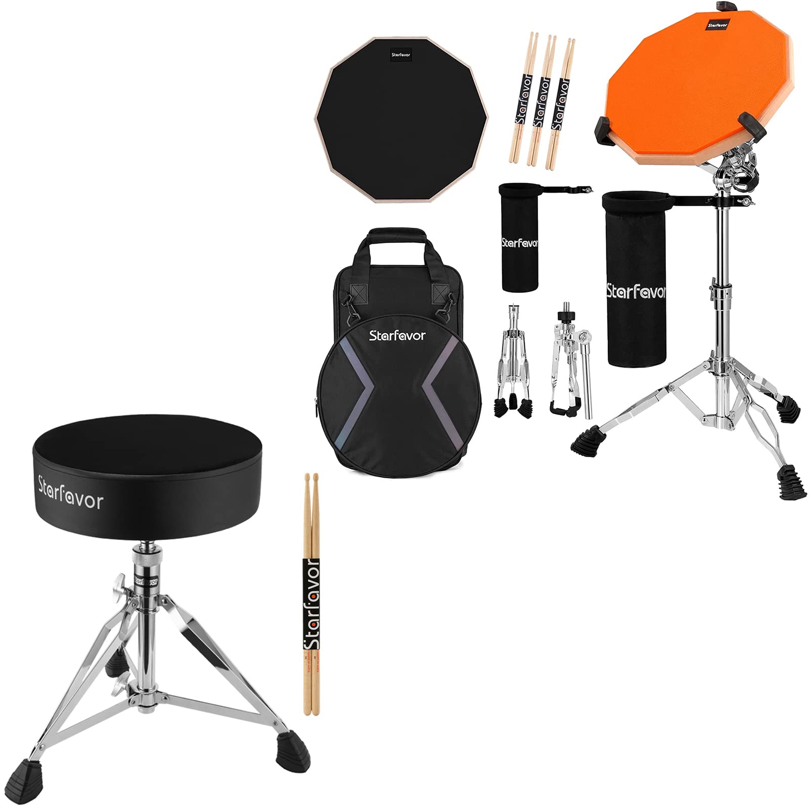 Starfavor Drum Practice Pad with Snare Stand & Adjustable Drum Throne Set - Includes 5A Drumsticks for Home Practice, Studio Sessions & Live Performances