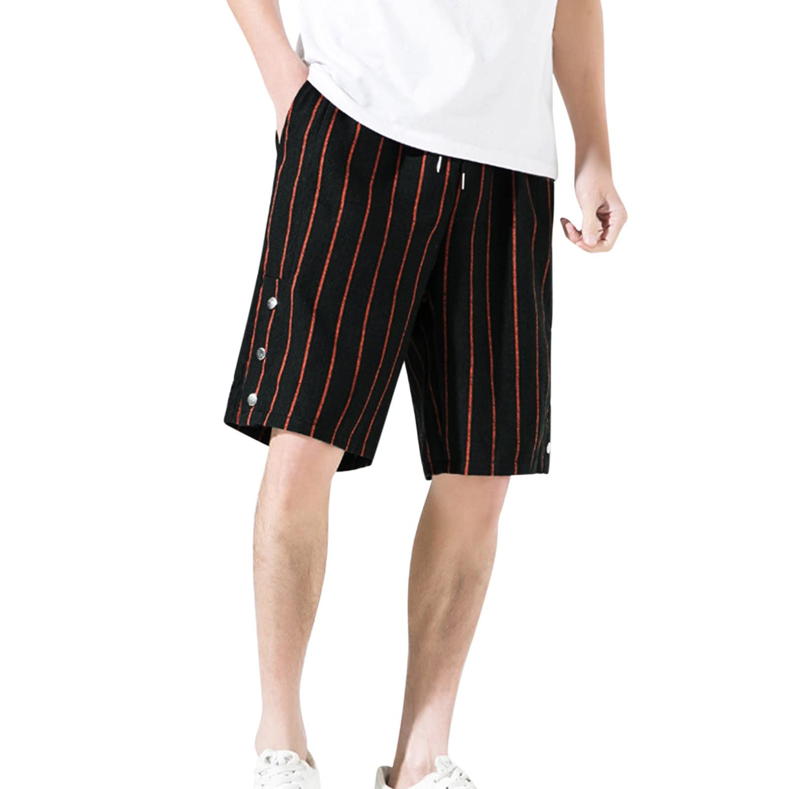 **Men's Summer Casual Shorts - Mid Waist Drawstring Striped Workout & Running Shorts with Pockets - Loose Cargo Shorts for Gym, Travel & Outdoor Activities**