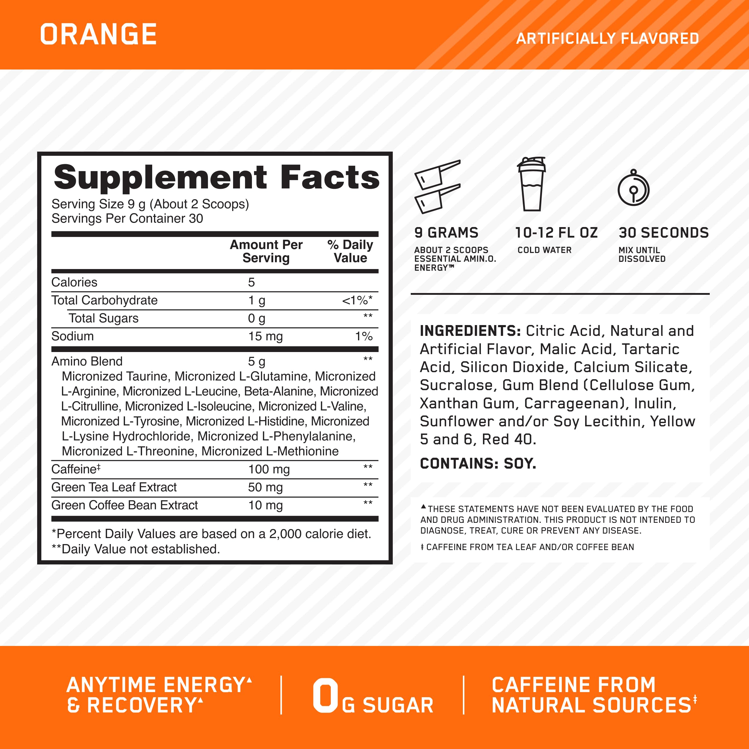 Optimum Nutrition Amino Energy Pre Workout Powder - Green Tea & BCAA Amino Acids, Keto Friendly with Green Coffee Extract - Orange Cooler Flavor, 30 Servings (Packaging May Vary) | Boost Energy & Endurance for Gym, Running & Fitness Training