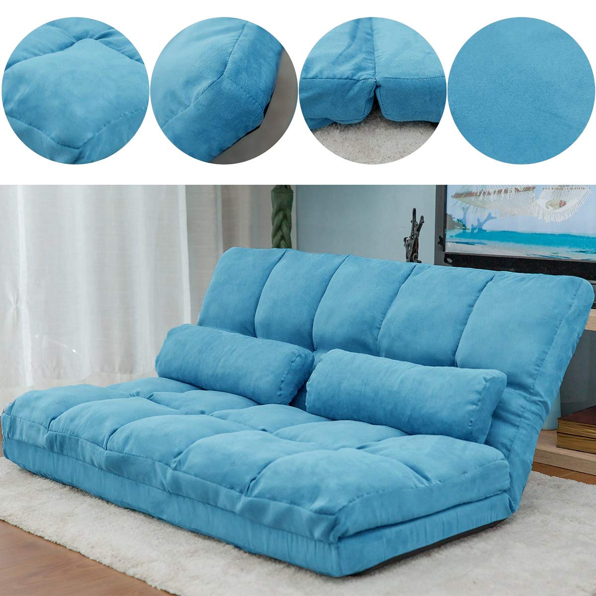 Merax Double Lazy Sofa - Adjustable Floor Couch Bed with 5-Position Backrest, Foldable Chaise Lounge with 2 Pillows for Living Room, Bedroom & Small Spaces (Blue) | Perfect for Movie Nights, Reading Nook & Guest Sleeping