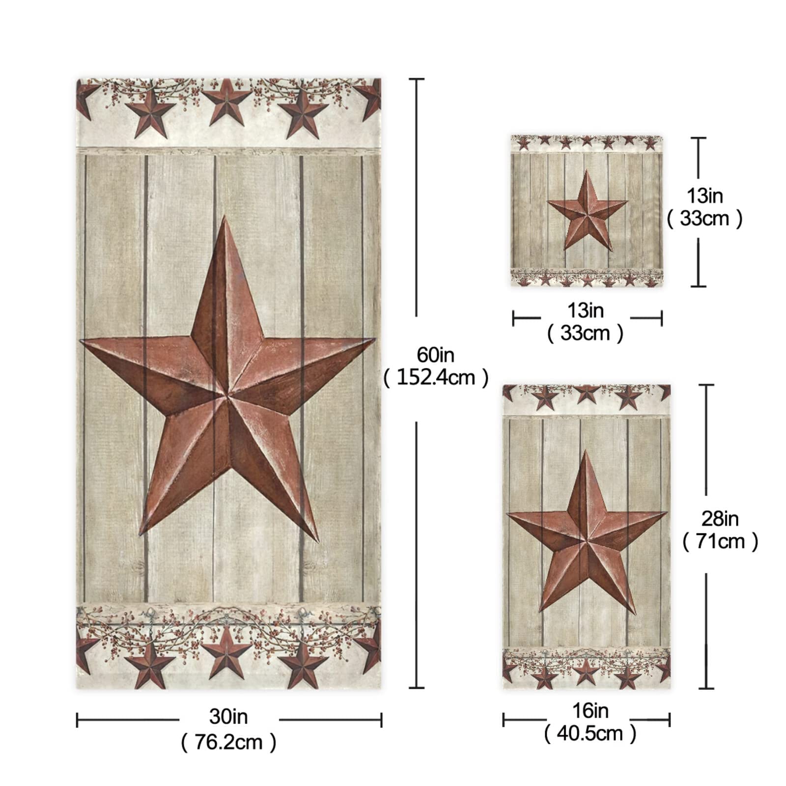 Rustic Bath Towels Set - Soft & Absorbent 3-Piece Luxury Bathroom Towels with Western Texas Star & Primitive Berries Design (1 Bath Towel, 1 Hand Towel, 1 Washcloth) - Perfect for Spa, Gym, Farmhouse & Country Style Bathrooms