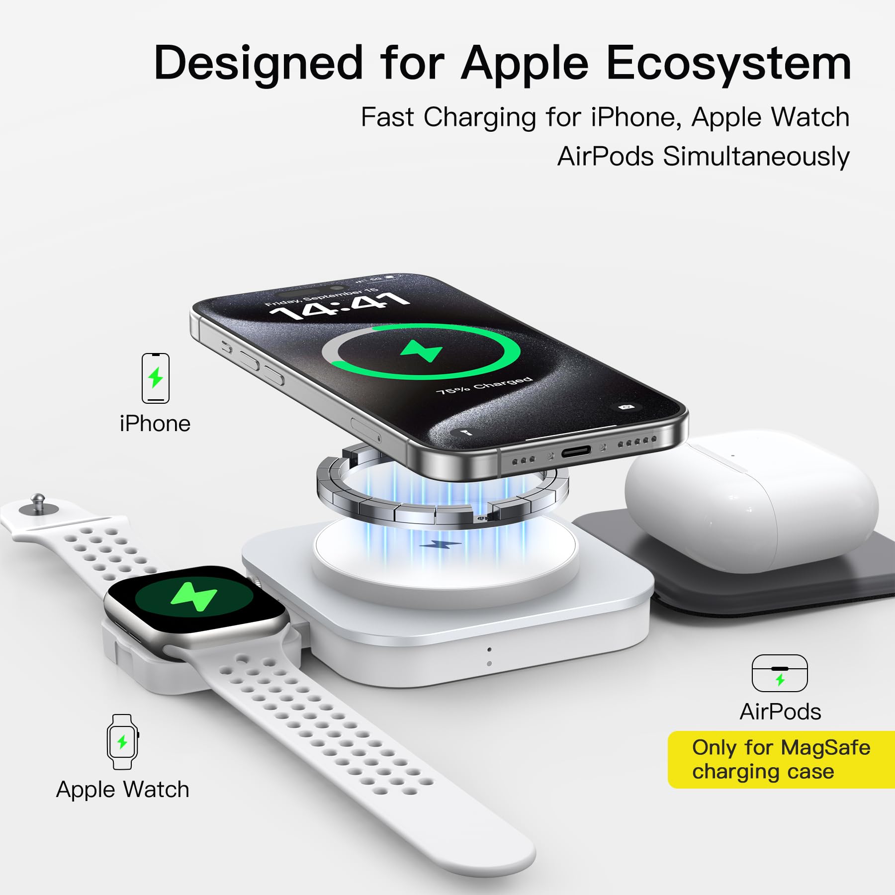 KEEPRO 3-in-1 Magnetic Wireless Charging Station for iPhone 15/14/13/12 Series, AirPods Pro/3/2 & Apple Watch - Fast Foldable Travel Stand with MagSafe (Adapter Included, White) - Perfect for Home, Office & Travel Charging