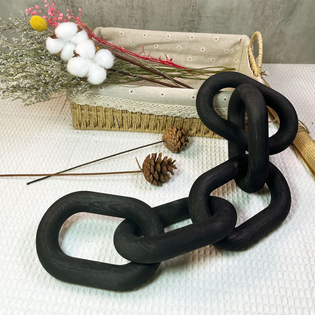 Hand Carved Boho Wood Chain Link Decor - Sustainable Pine Farmhouse Decorative Chain for Coffee Table, Shelf & Living Room - Eco-Friendly Home Decor (Black) | Perfect for Boho, Rustic & Farmhouse Style Interiors