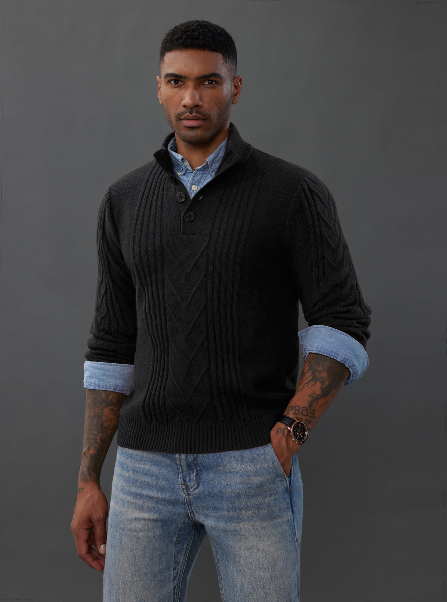Men's Cable Knit Henley Pullover Sweater - Winter Thermal Jumper for Casual Wear & Outdoor Activities - Cozy Fall & Winter Fashion