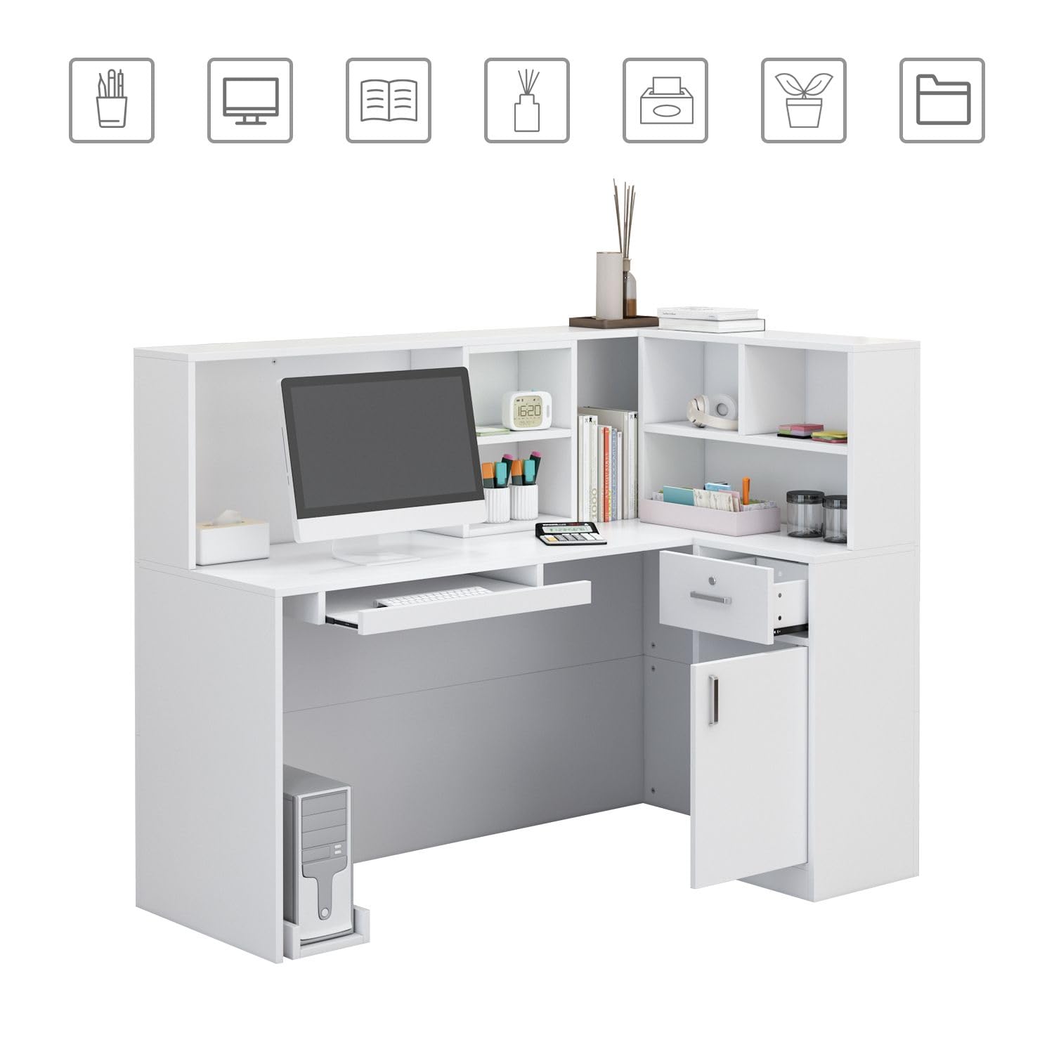 MOUMON L-Shaped Reception Desk with Storage, Keyboard Tray & Shelves - 55.9