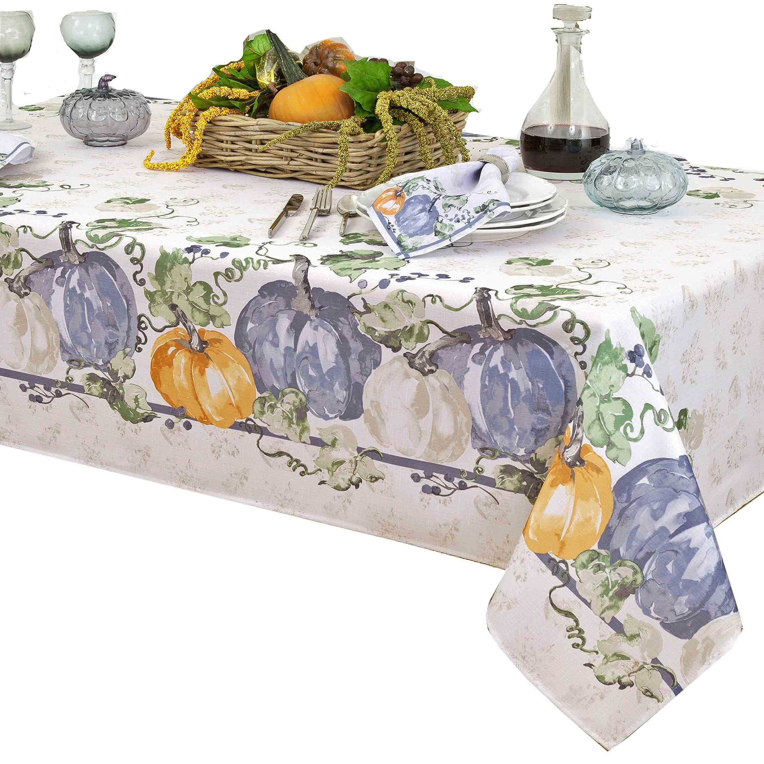 Premium Stone Washed Blue Pumpkin Vines Fabric Napkin Set - Set of 8 Elegant Bordered Napkins for Thanksgiving, Fall Decor, and Seasonal Table Setting