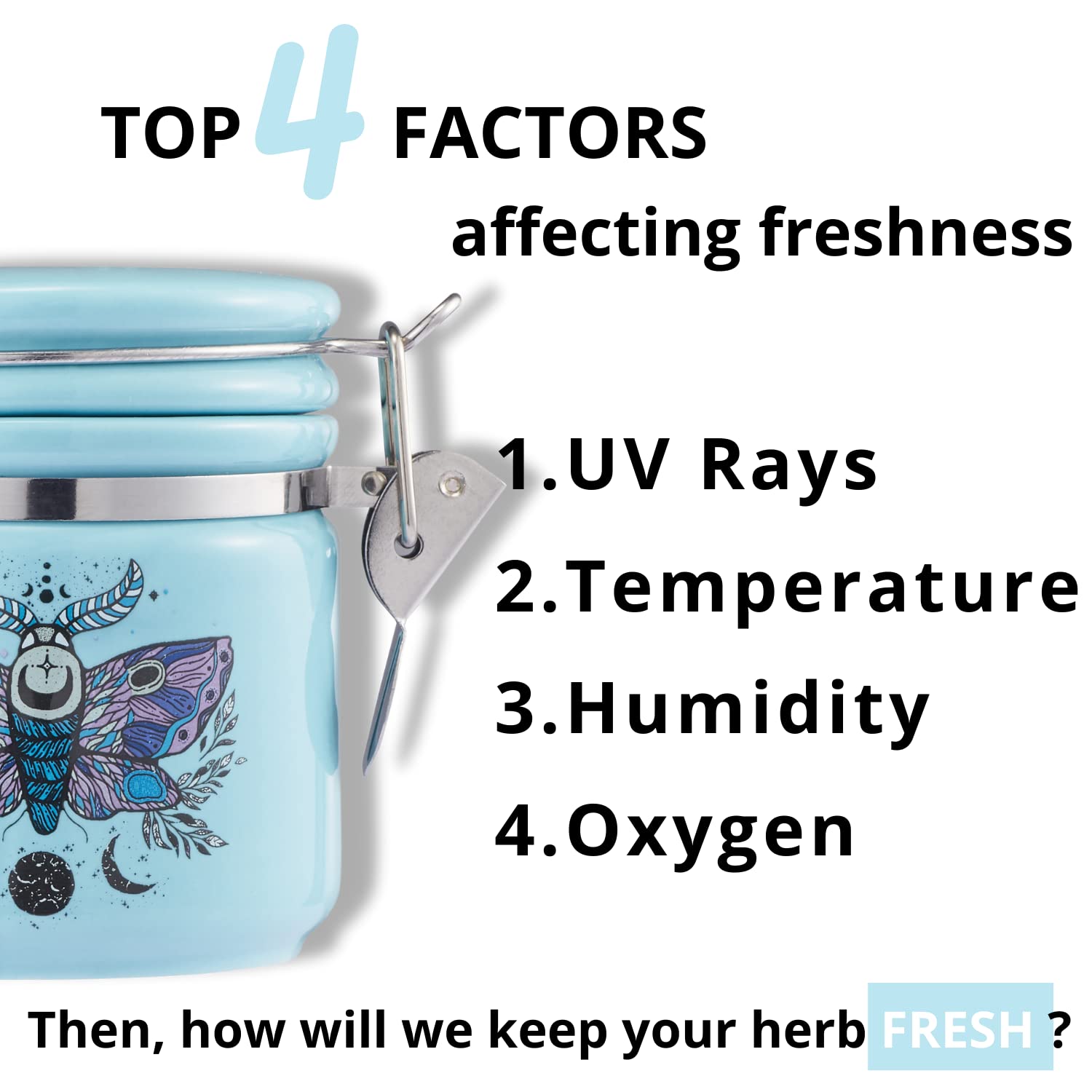 Airtight 250ml (Half Oz) Smell Proof Stash Jar with Humidity Pack Compartment - Odor Proof Clay Container for Herb Storage, Cute Cyan Storage Box Case - Perfect for Travel, Home & Office Use