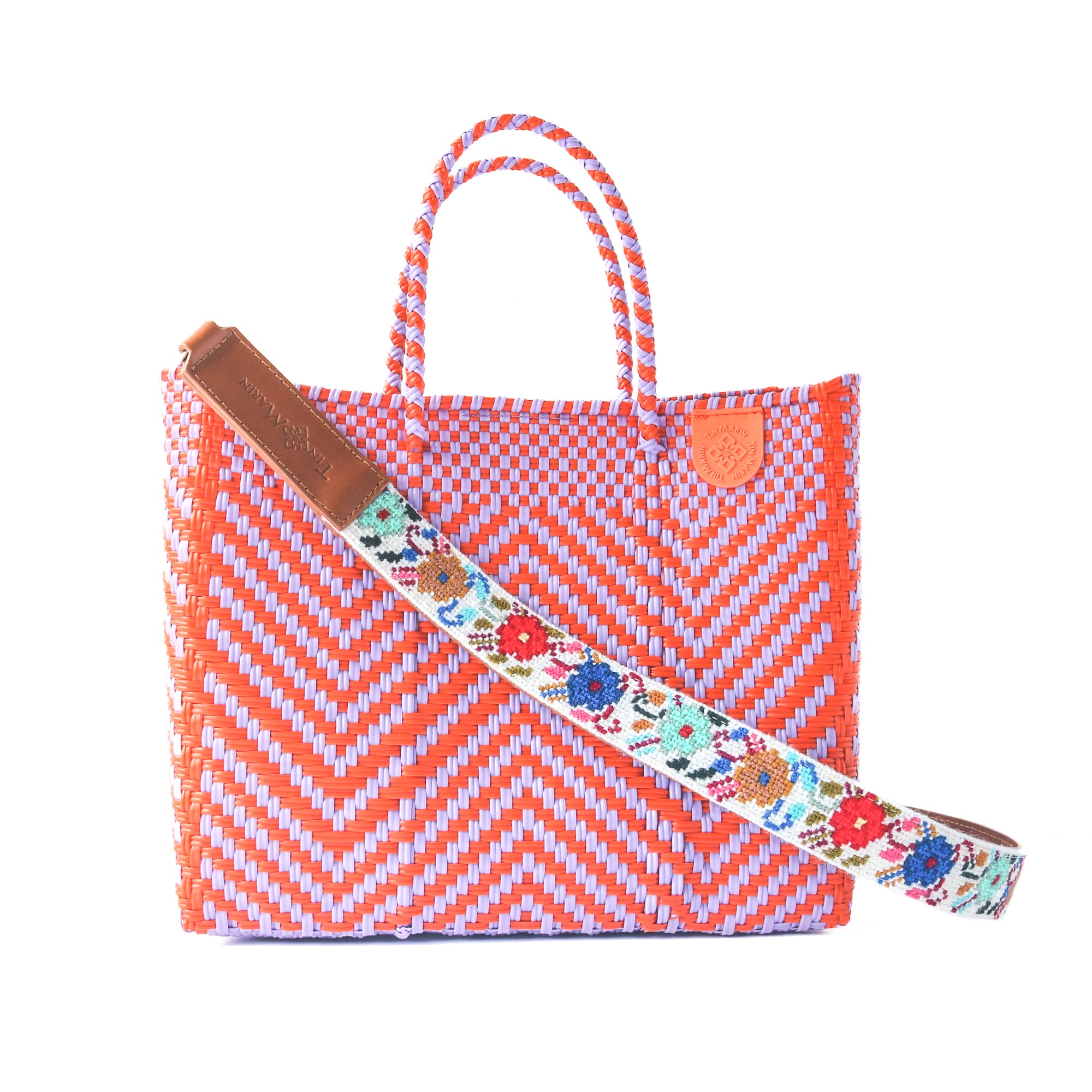 Positano Medium Woven Crossbody Bag with Detachable Mesh Pouch - Orange & Purple Recycled Plastic Beach Purse | Handmade Mexican Artisan Bag for Vacation, Travel & Resort Wear