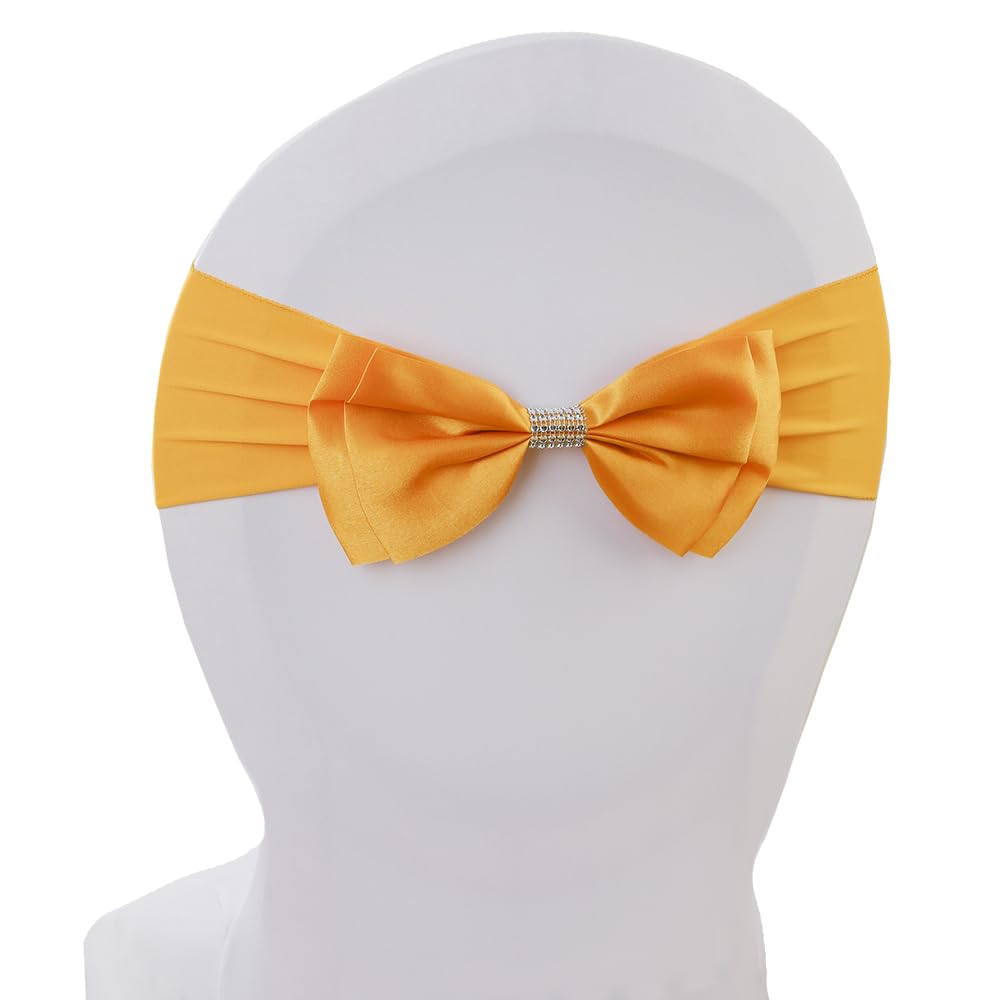 10-Piece Stretchy Chair Sash Bands with Bowknot Sliders - Elastic Spandex Chair Ribbons for Wedding, Party, Banquet, Birthday & Graduation Decorations - Gold | Perfect for Table Settings, Venue Decor, and Event Styling